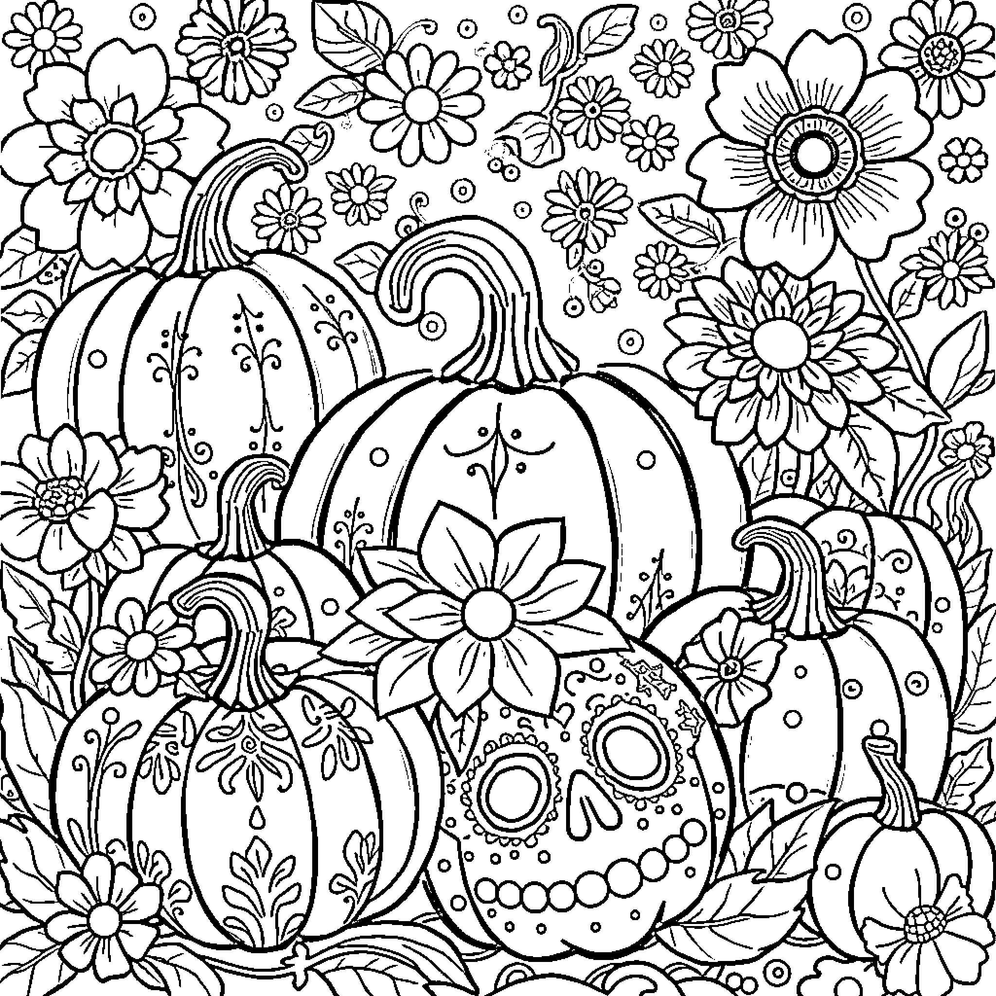 Pumpkins with intricate floral designs Coloring Page (free black-and-white line drawing printable PDF for all, from beginners to advanced learners, including children, teens, adults, and seniors)