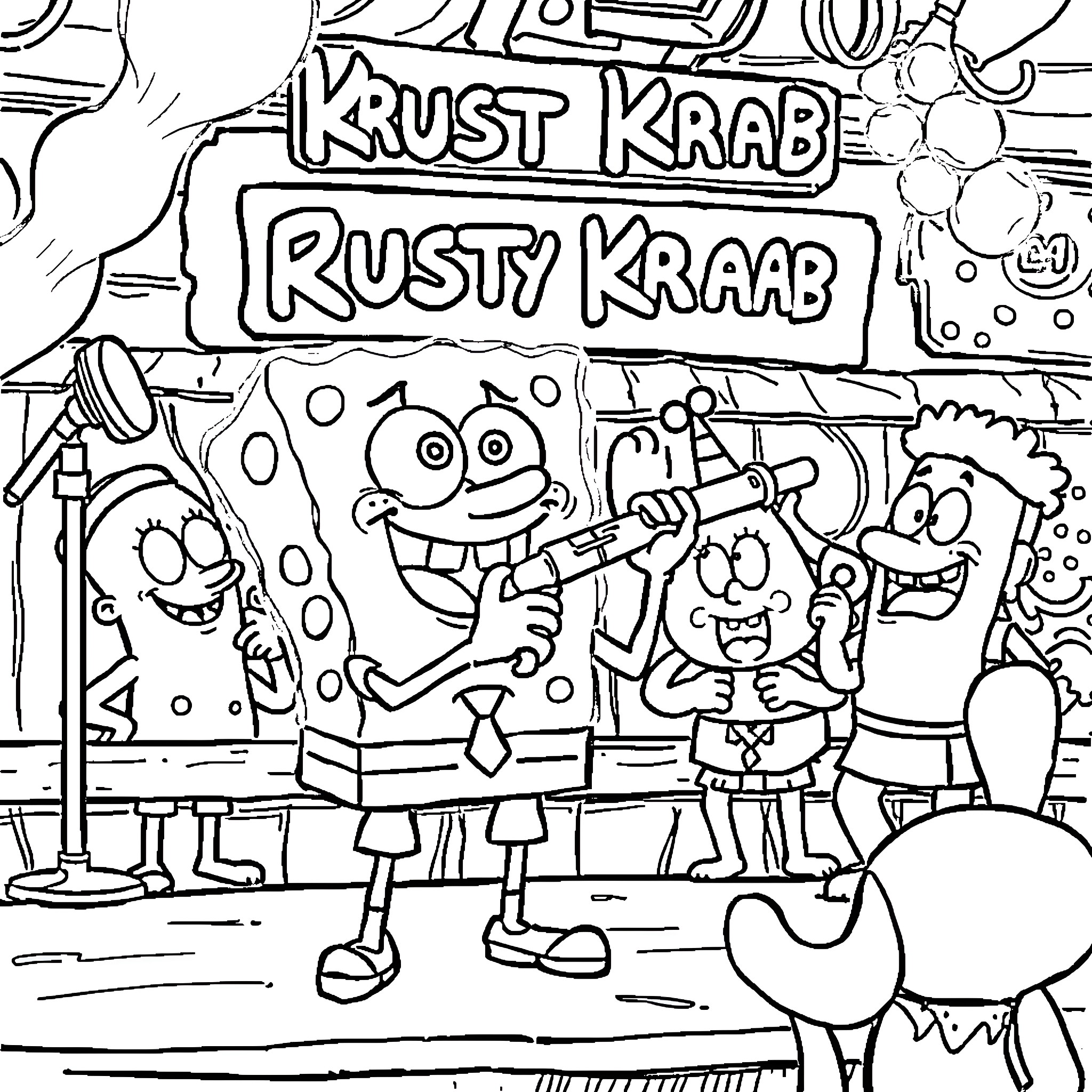 Spongebob and friends at the Krust Krab restaurant Coloring Page (free black-and-white line drawing printable PDF for all, from beginners to advanced learners, including children, teens, adults, and seniors)