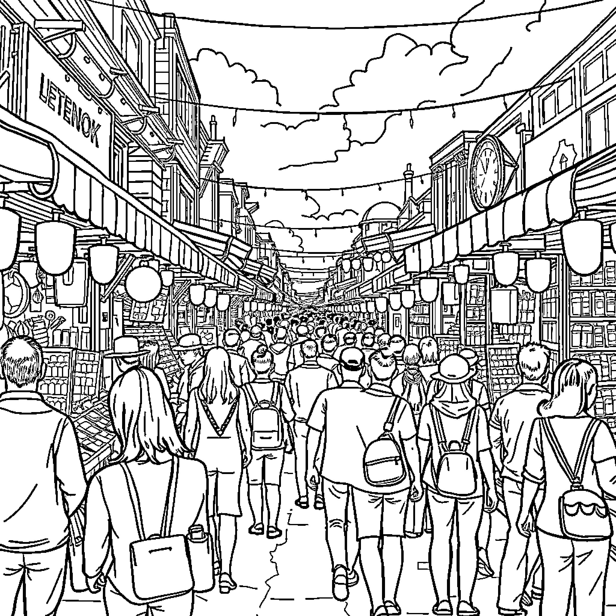 Market Bustling with Lively Crowds and Vendors Coloring Page (free black-and-white line drawing printable PDF for all, from beginners to advanced learners, including children, teens, adults, and seniors)