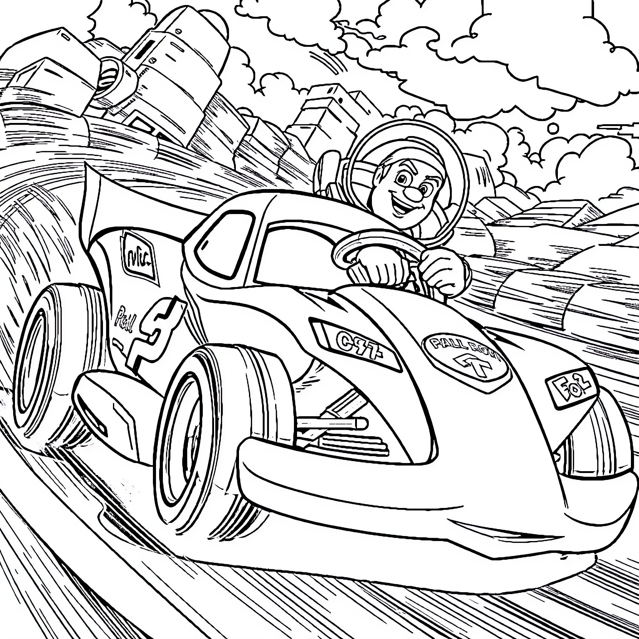 Lightning McQueen speeding through a rugged landscape Coloring Page (free black-and-white line drawing printable PDF for all, from beginners to advanced learners, including children, teens, adults, and seniors)