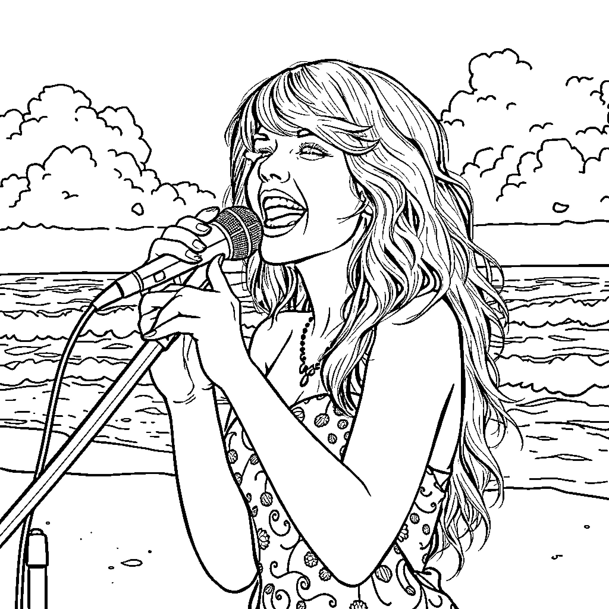 Taylor Swift performing passionately on stage near the ocean Coloring Page (free black-and-white line drawing printable PDF for all, from beginners to advanced learners, including children, teens, adults, and seniors)