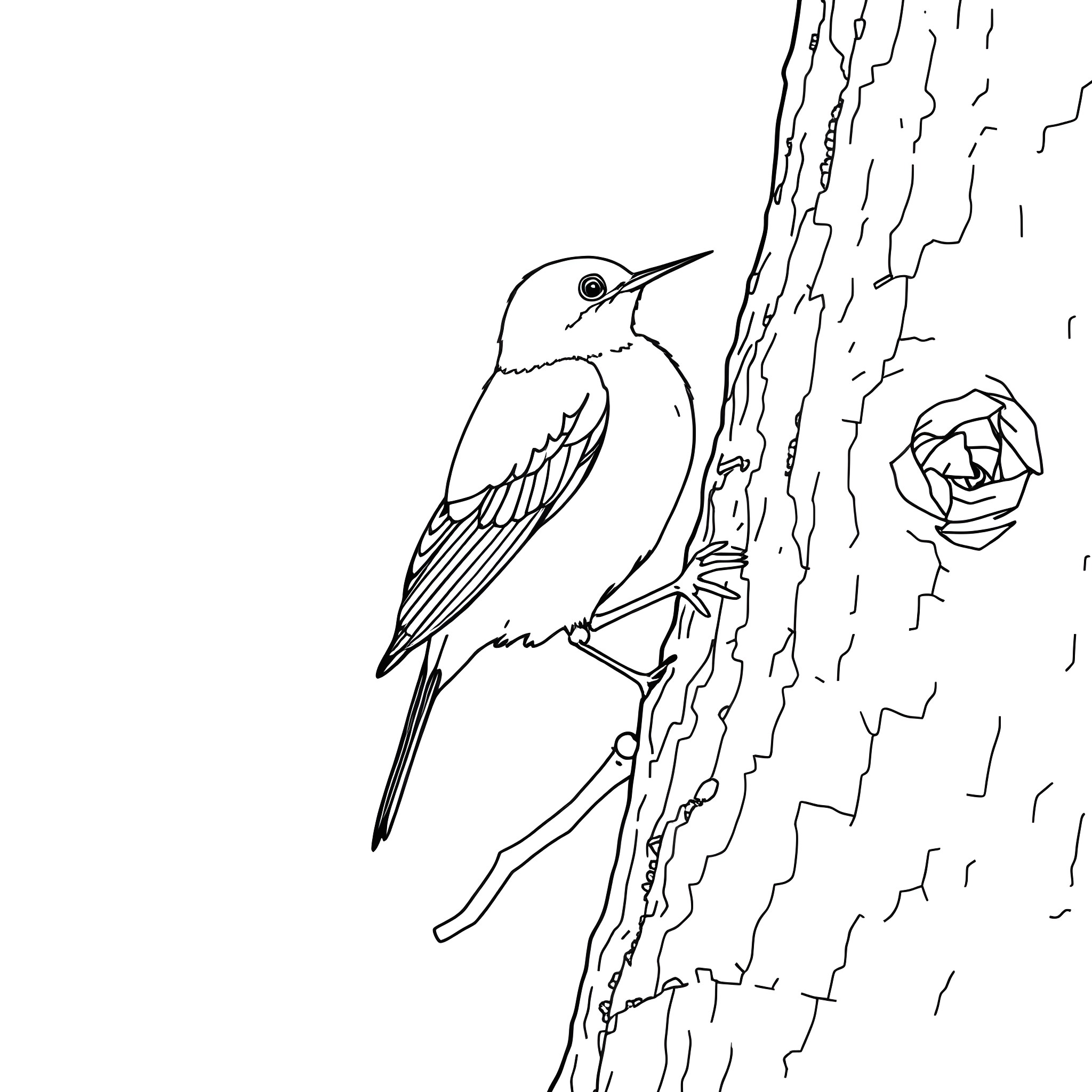 Honeycreeper bird perched on tree branch with flower Coloring Page (free black-and-white line drawing printable PDF for all, from beginners to advanced learners, including children, teens, adults, and seniors)