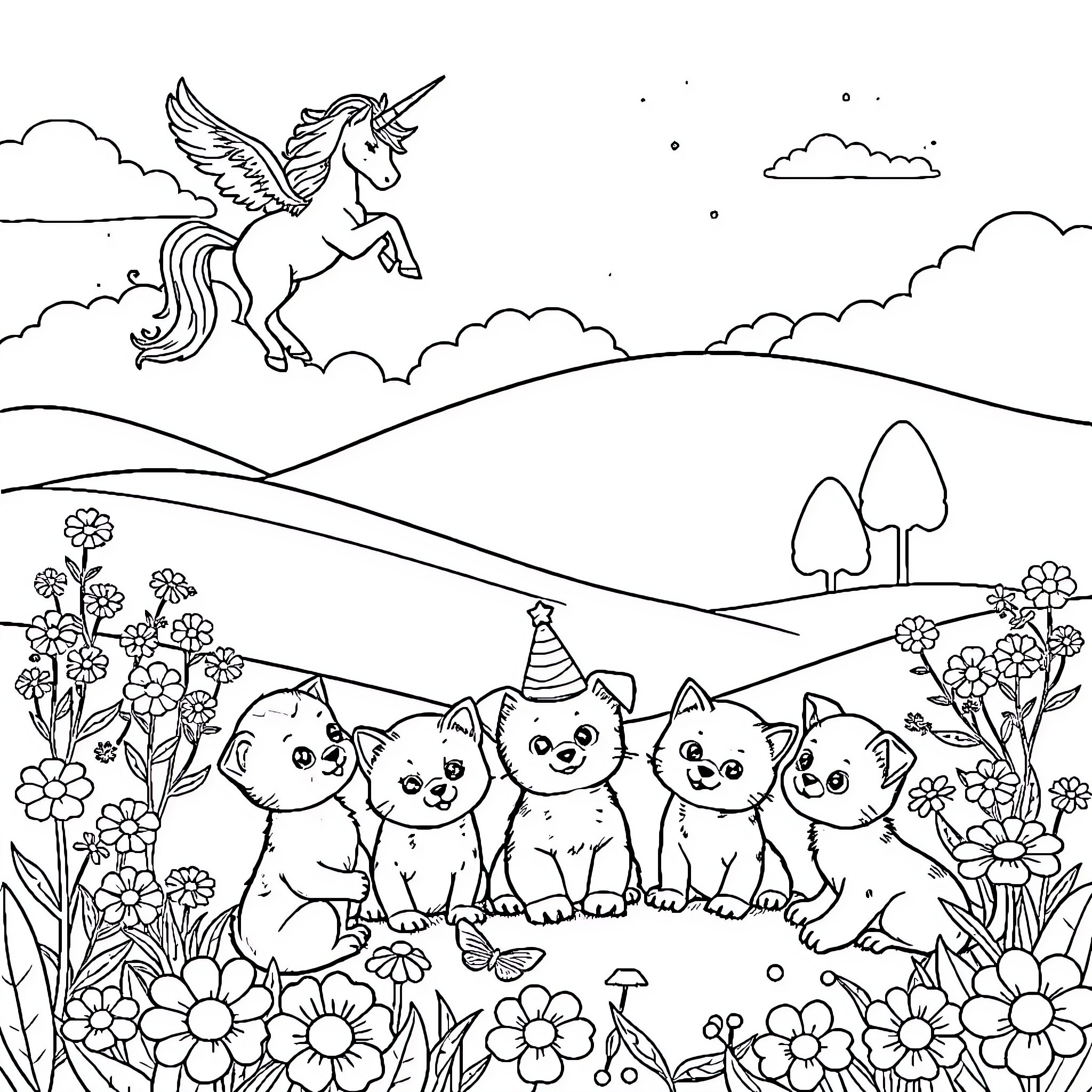 Kittens in a Magical Meadow with Unicorn Coloring Page (free black-and-white line drawing printable PDF for all, from beginners to advanced learners, including children, teens, adults, and seniors)