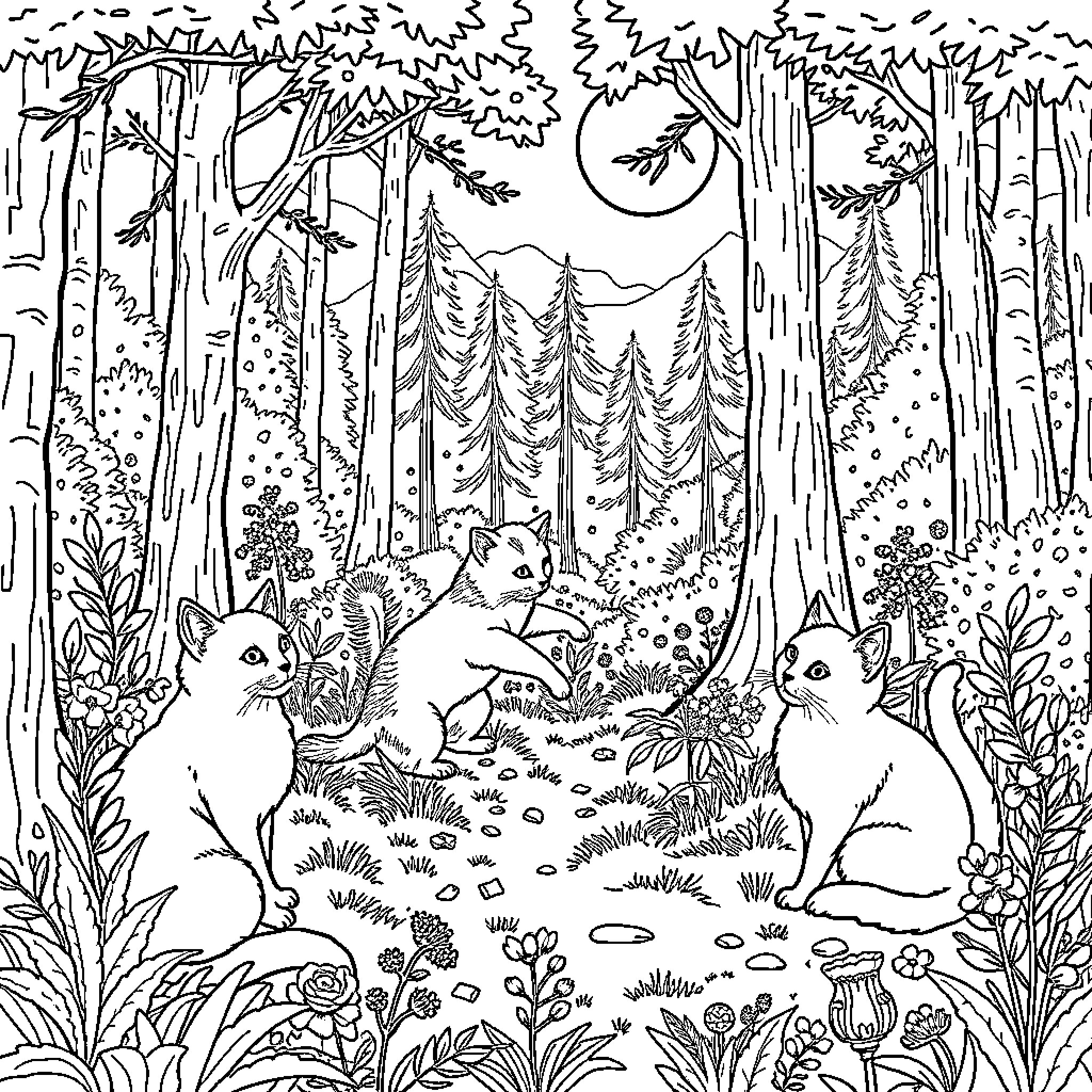 Cats exploring the enchanting forest scenery Coloring Page (free black-and-white line drawing printable PDF for all, from beginners to advanced learners, including children, teens, adults, and seniors)