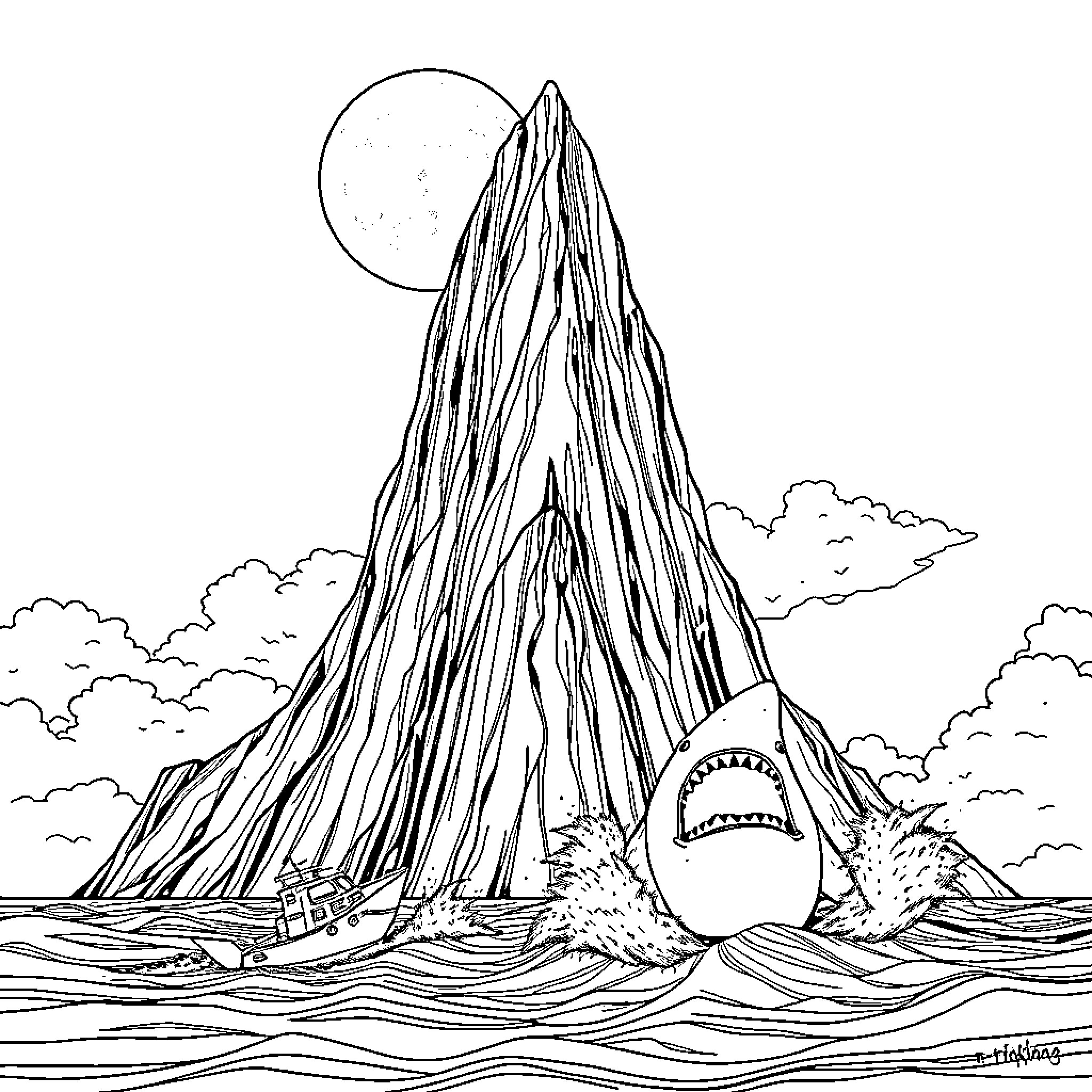 Mountain with Towering Waves and Shark Attack Coloring Page (free black-and-white line drawing printable PDF for all, from beginners to advanced learners, including children, teens, adults, and seniors)