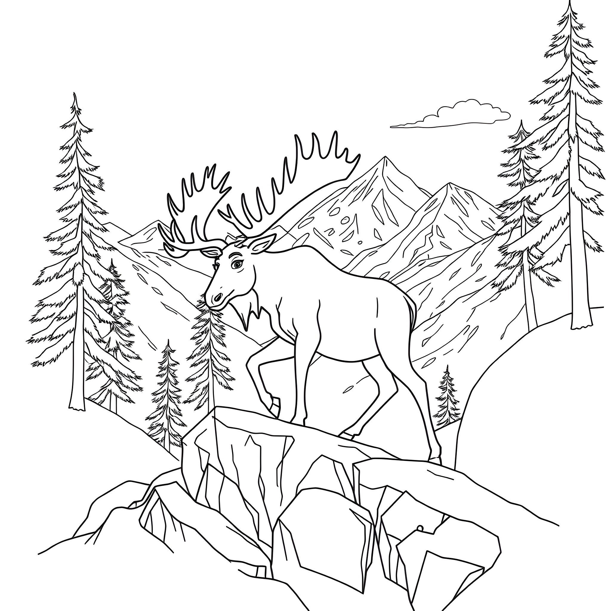 Moose standing majestic in the mountain landscape Coloring Page (free black-and-white line drawing printable PDF for all, from beginners to advanced learners, including children, teens, adults, and seniors)