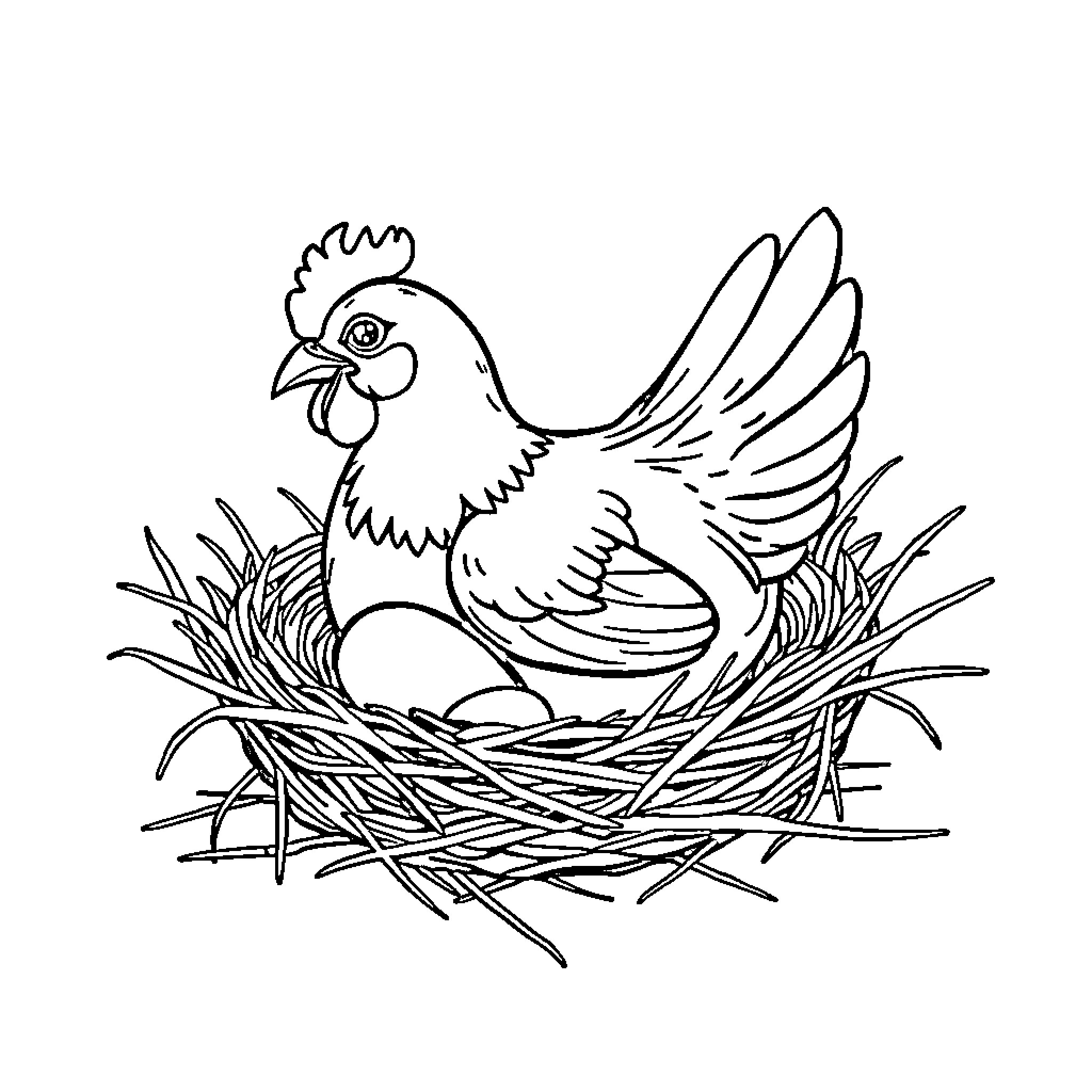 Chicken sitting in a nest Coloring Page (free black-and-white line drawing printable PDF for all, from beginners to advanced learners, including children, teens, adults, and seniors)