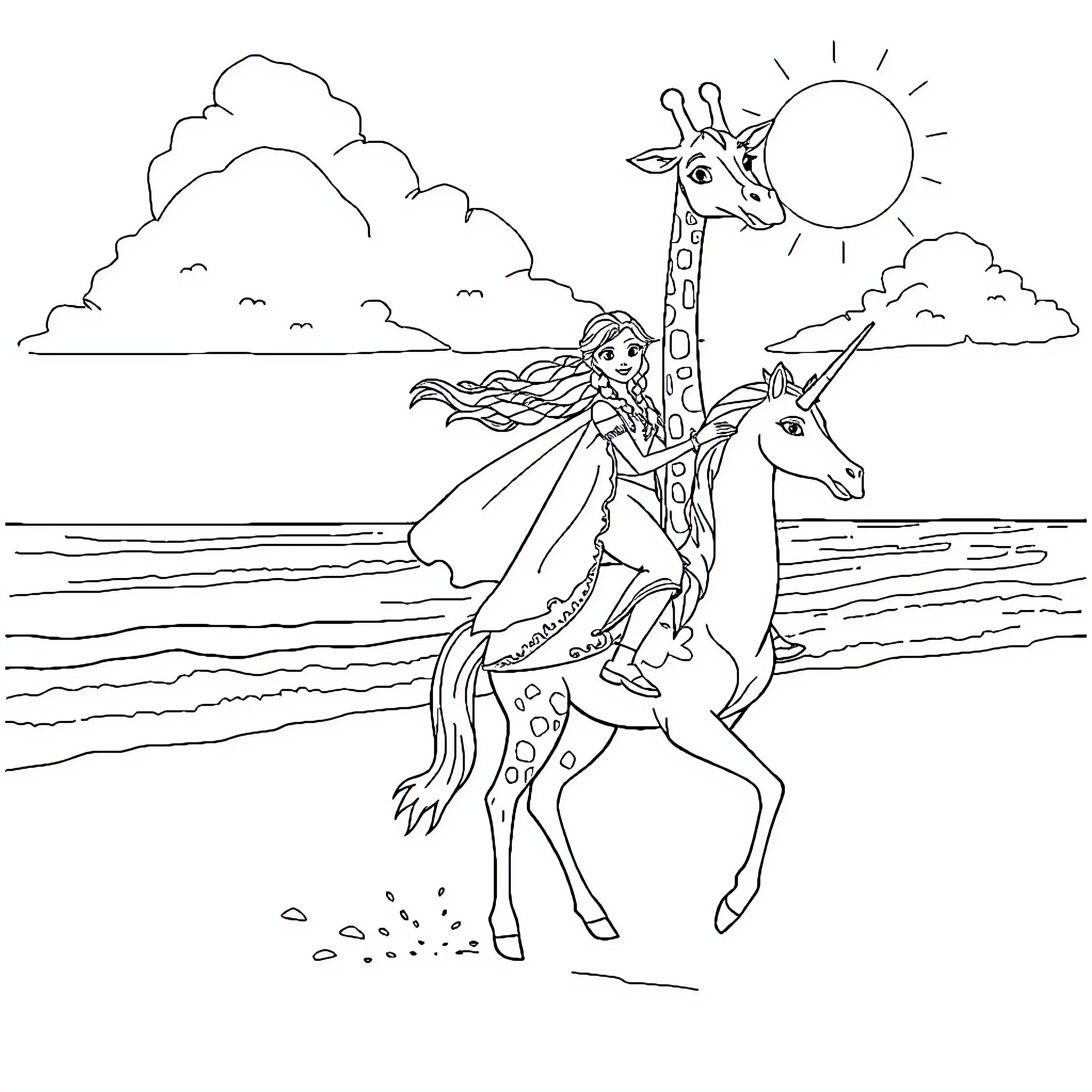Elsa and Anna riding unicorns in the countryside Coloring Page (free black-and-white line drawing printable PDF for all, from beginners to advanced learners, including children, teens, adults, and seniors)