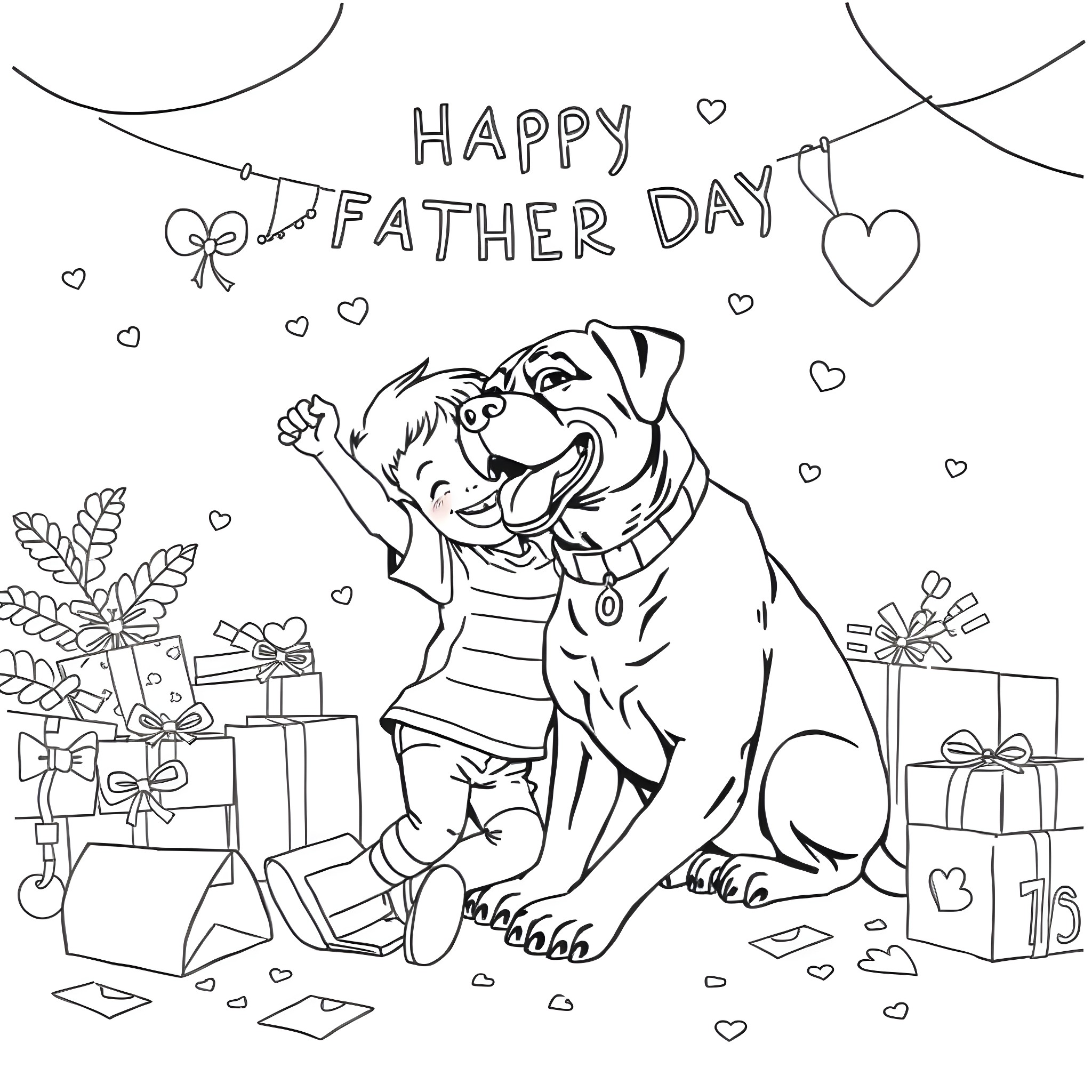 Rottweiler celebrating Happy Father's Day with gifts Coloring Page (free black-and-white line drawing printable PDF for all, from beginners to advanced learners, including children, teens, adults, and seniors)