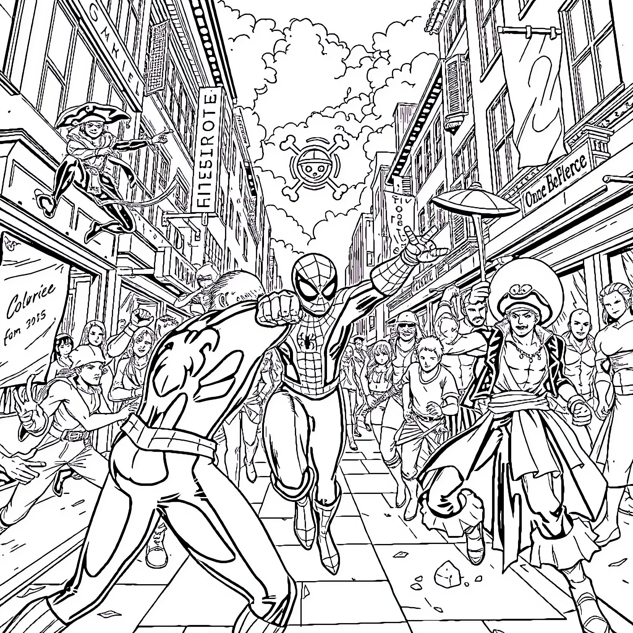 Spiderman swinging through a crowded city street Coloring Page (free black-and-white line drawing printable PDF for all, from beginners to advanced learners, including children, teens, adults, and seniors)