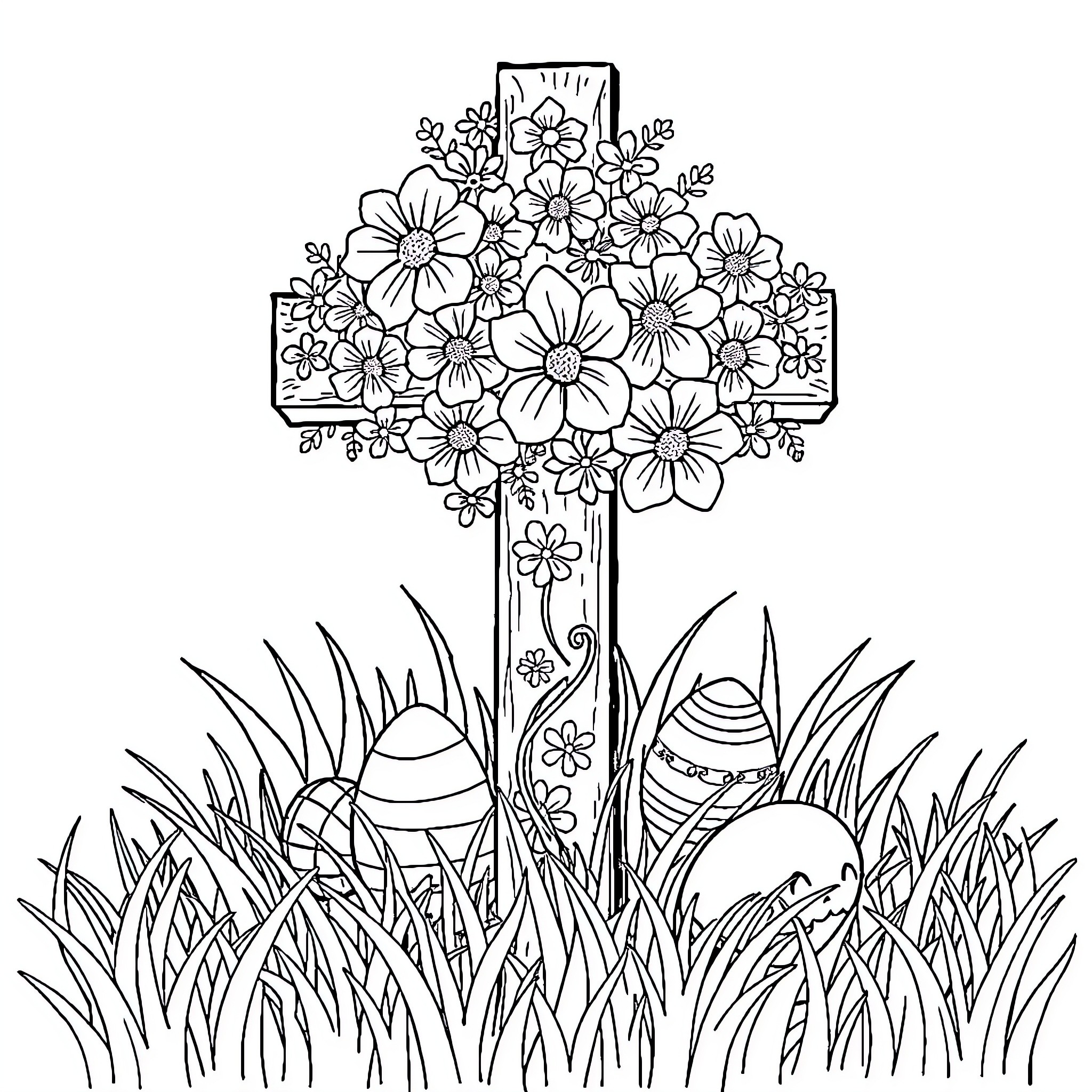 Cross adorned with floral blooms in a grassy field Coloring Page (free black-and-white line drawing printable PDF for all, from beginners to advanced learners, including children, teens, adults, and seniors)