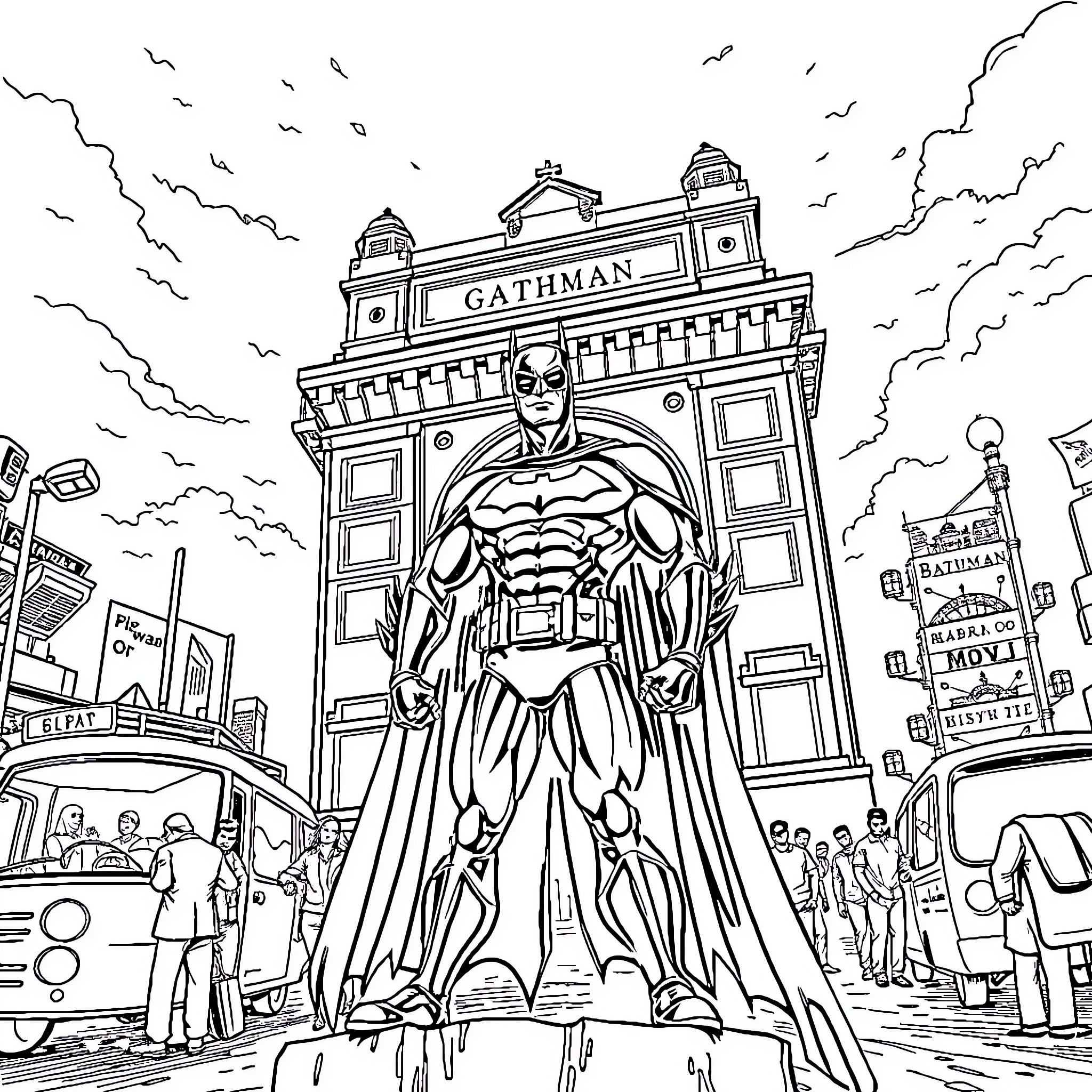 Batman standing tall in the Gotham City streets Coloring Page (free black-and-white line drawing printable PDF for all, from beginners to advanced learners, including children, teens, adults, and seniors)
