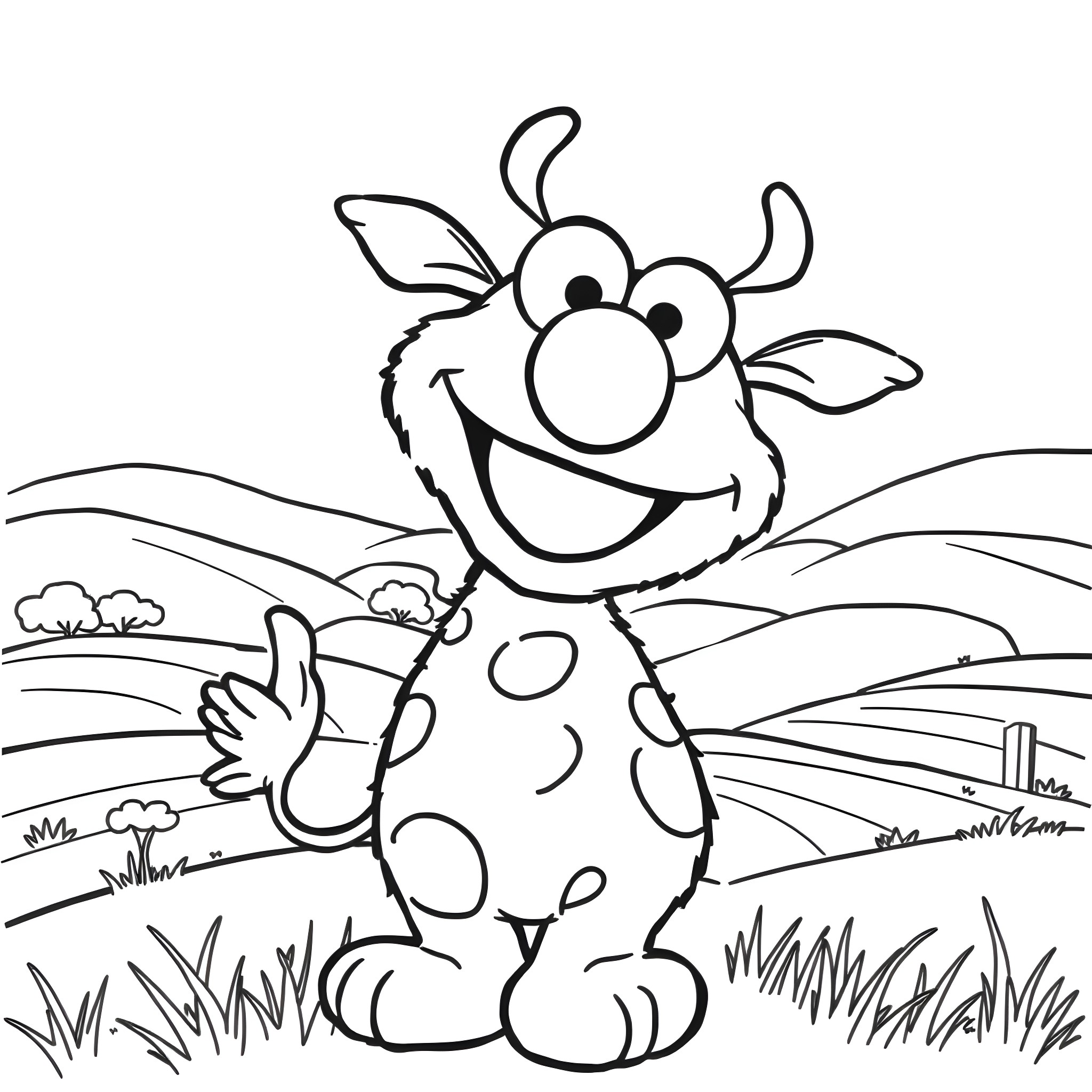 Elmo smiling happily in the countryside Coloring Page (free black-and-white line drawing printable PDF for all, from beginners to advanced learners, including children, teens, adults, and seniors)