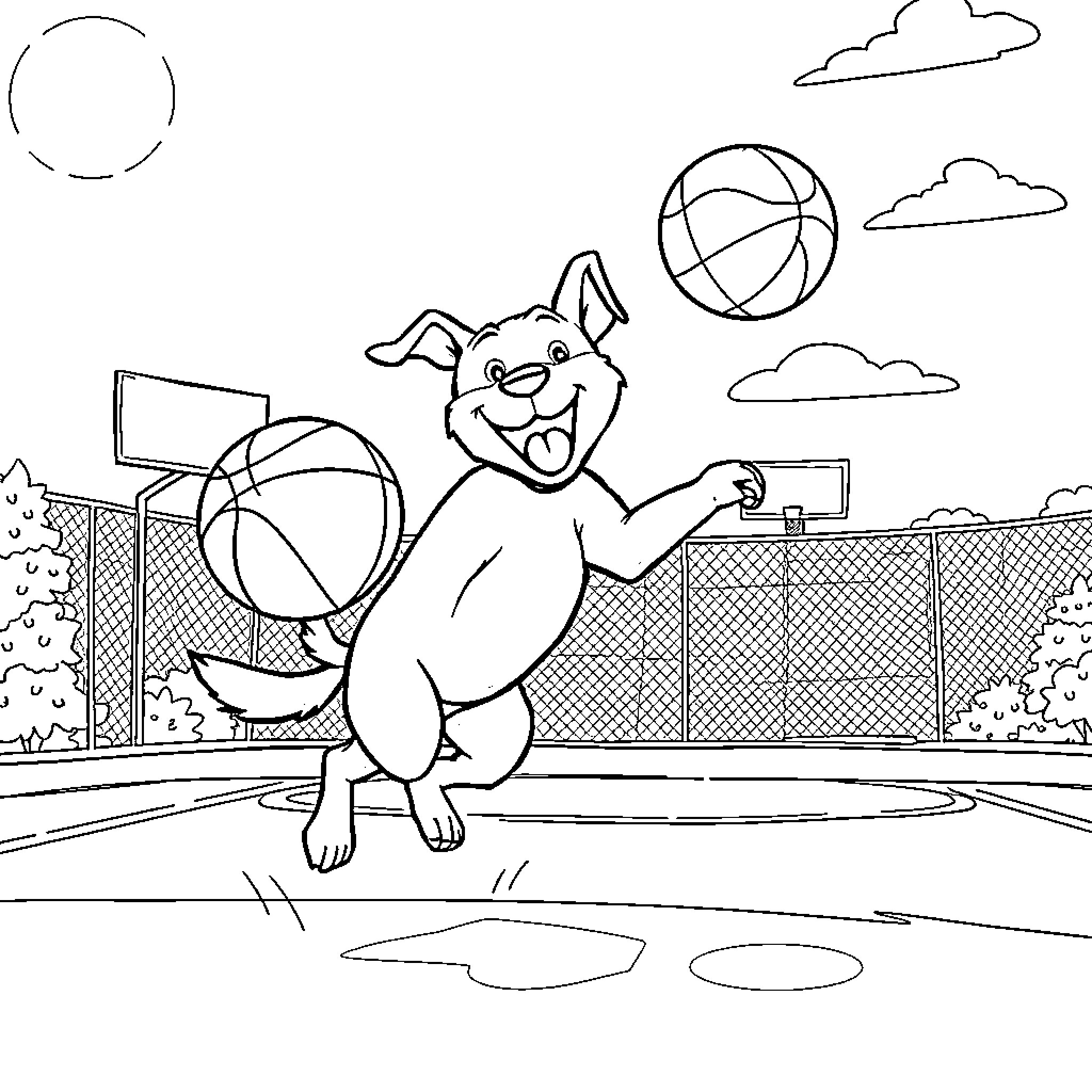 Dog playing joyfully with basketball on court Coloring Page (free black-and-white line drawing printable PDF for all, from beginners to advanced learners, including children, teens, adults, and seniors)