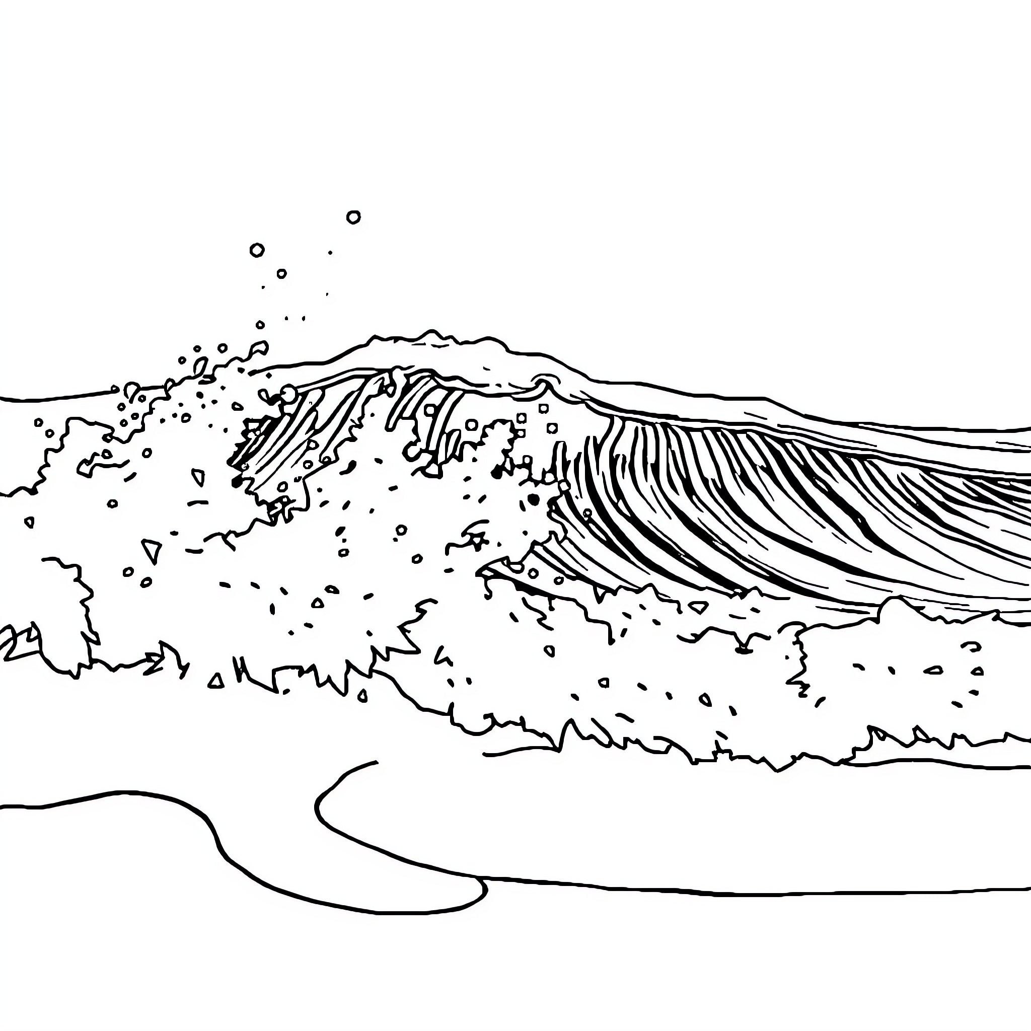 Snap Crackle Pop ocean waves crashing on shore Coloring Page (free black-and-white line drawing printable PDF for all, from beginners to advanced learners, including children, teens, adults, and seniors)