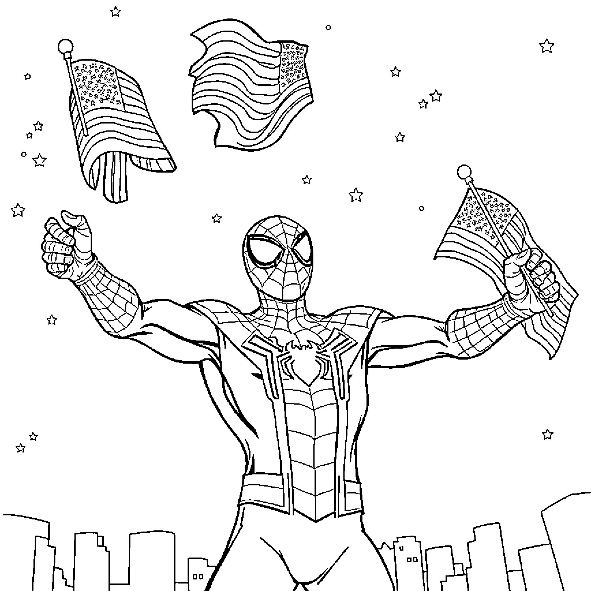 Spider-Man heroically displays American flags Coloring Page (free black-and-white line drawing printable PDF for all, from beginners to advanced learners, including children, teens, adults, and seniors)