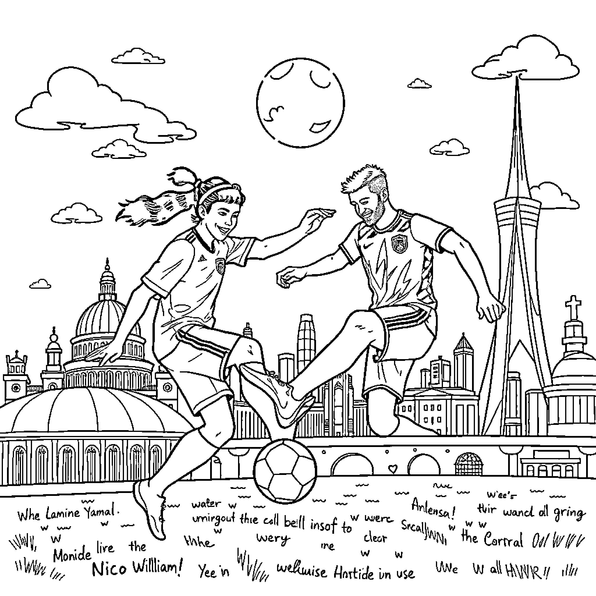 Soccer players enthusiastically kicking ball in urban setting Coloring Page (free black-and-white line drawing printable PDF for all, from beginners to advanced learners, including children, teens, adults, and seniors)