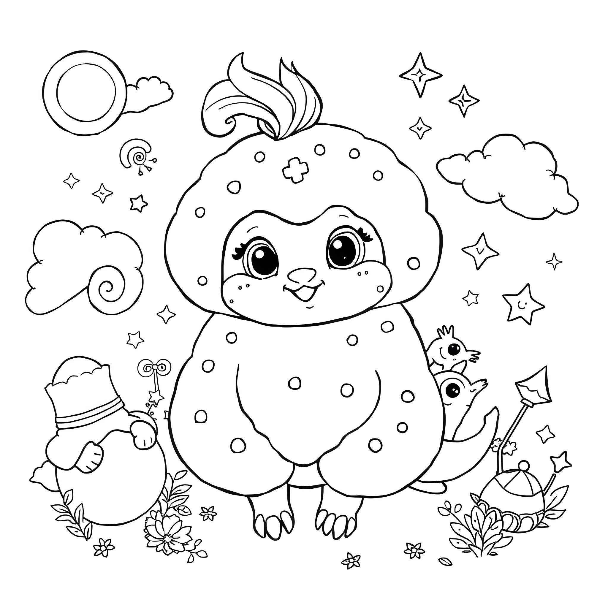 Labubu's Playful Adventure with Starry Skies Coloring Page (free black-and-white line drawing printable PDF for all, from beginners to advanced learners, including children, teens, adults, and seniors)