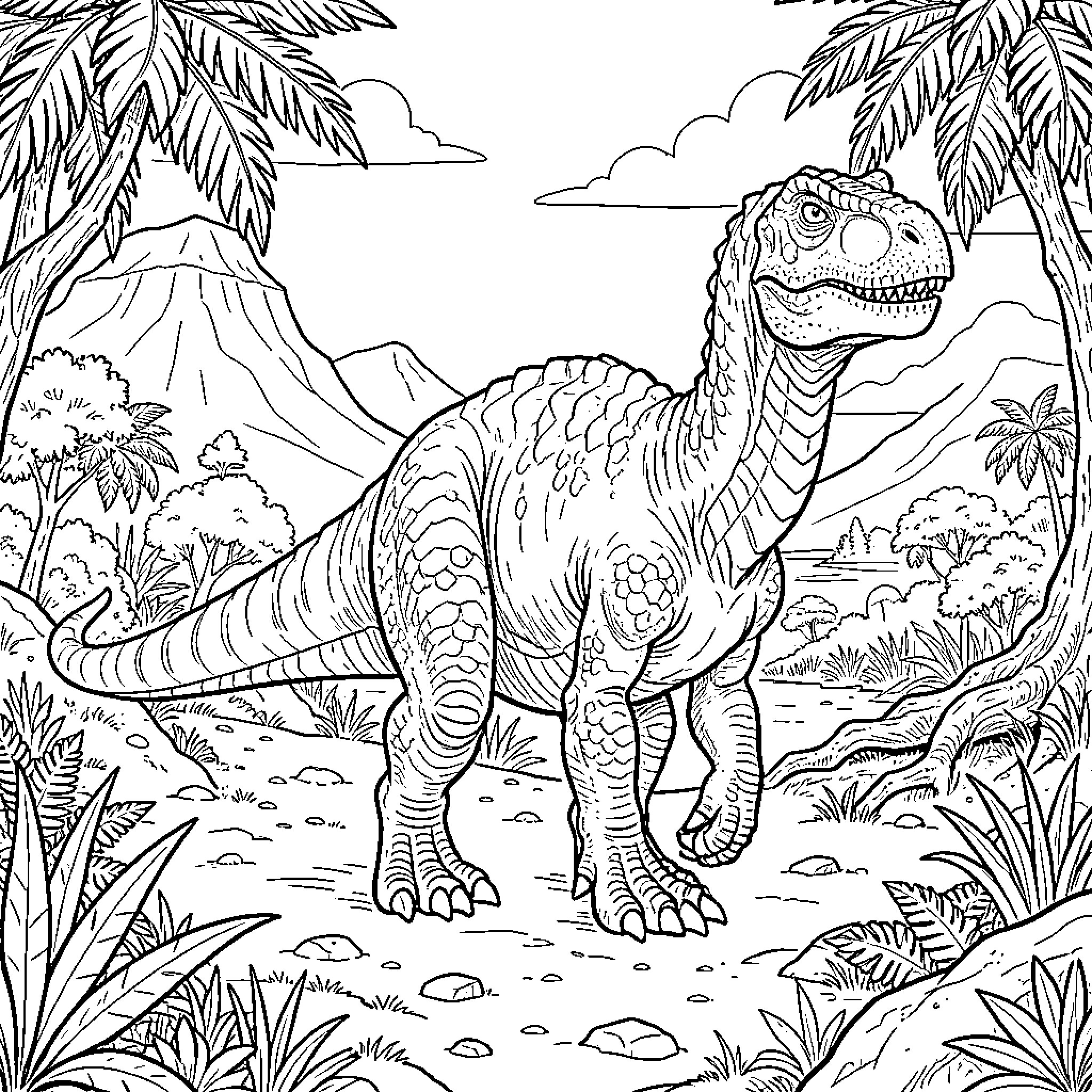 Dinosaur in a lush prehistoric landscape Coloring Page (free black-and-white line drawing printable PDF for all, from beginners to advanced learners, including children, teens, adults, and seniors)