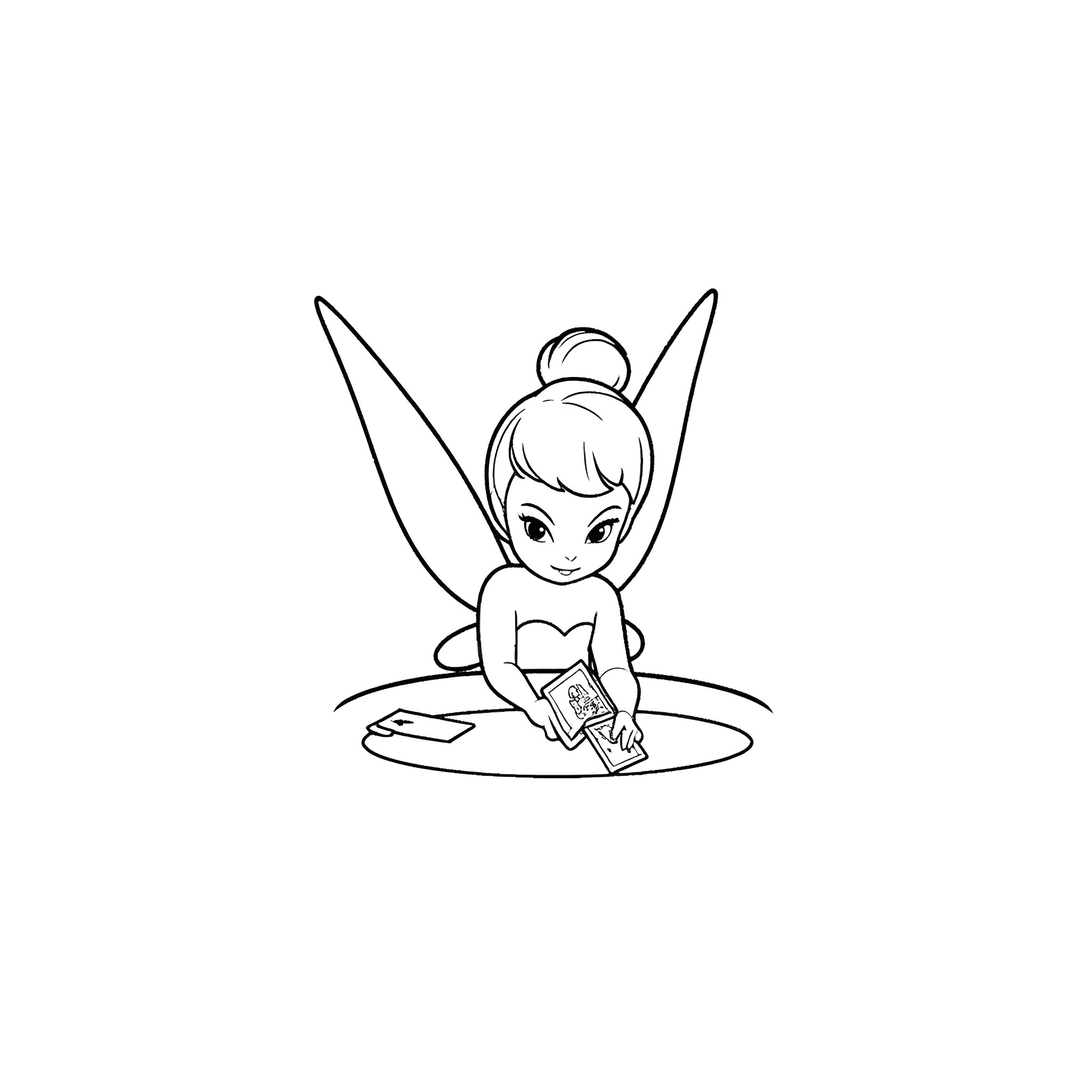 Tinkerbell reading a book in a magical setting Coloring Page (free black-and-white line drawing printable PDF for all, from beginners to advanced learners, including children, teens, adults, and seniors)