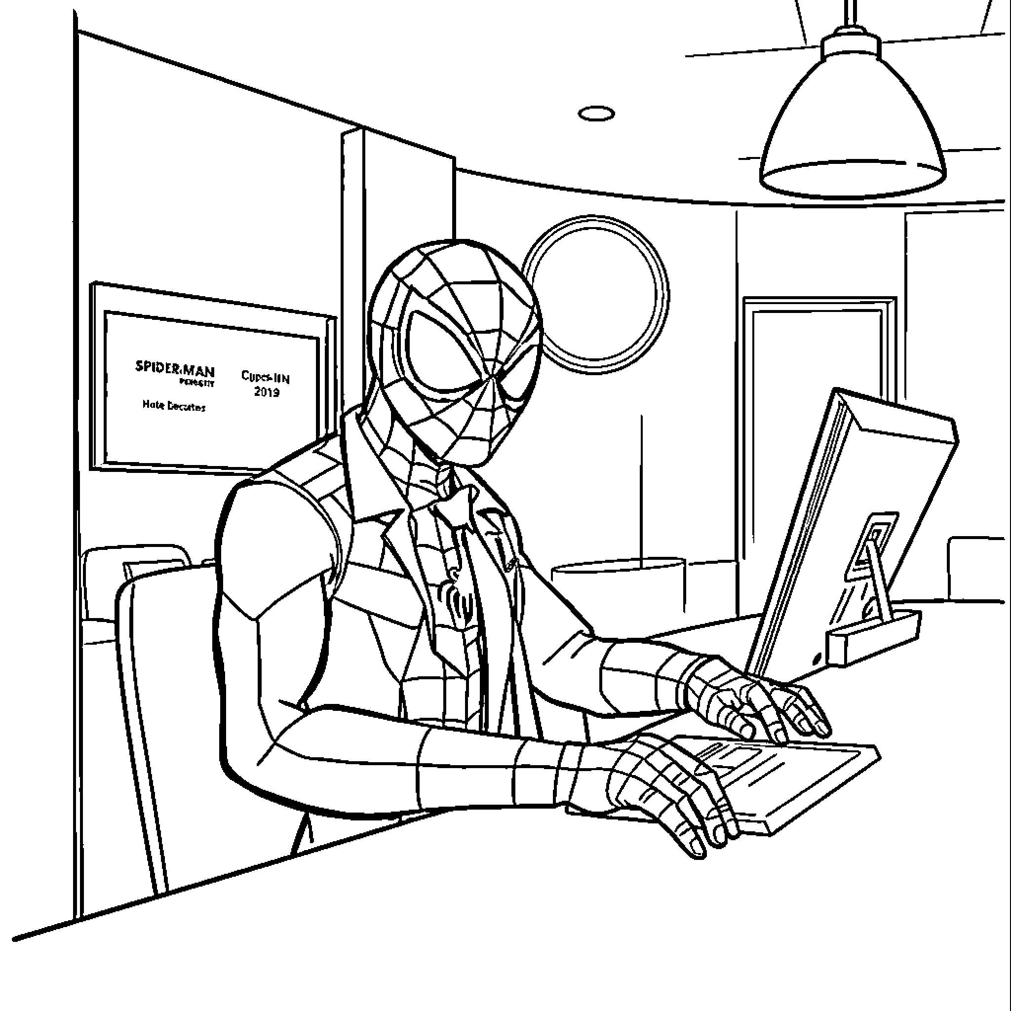 Spiderman working diligently on a computer Coloring Page (free black-and-white line drawing printable PDF for all, from beginners to advanced learners, including children, teens, adults, and seniors)