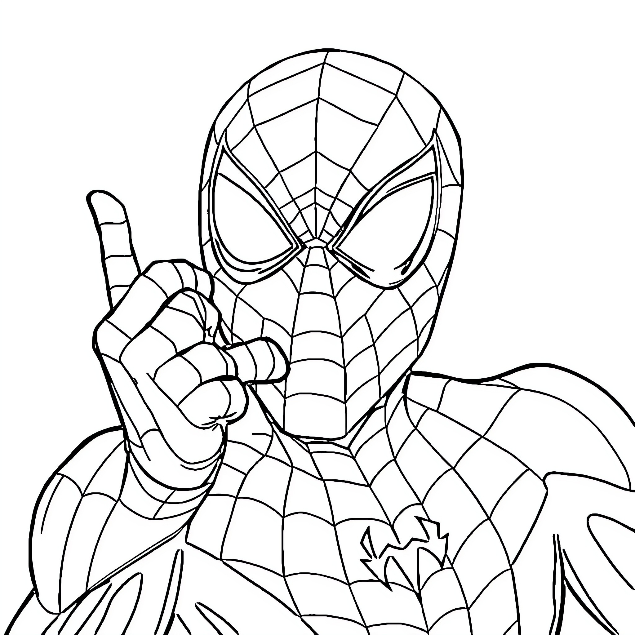 Spiderman making a gesture in his iconic costume Coloring Page (free black-and-white line drawing printable PDF for all, from beginners to advanced learners, including children, teens, adults, and seniors)