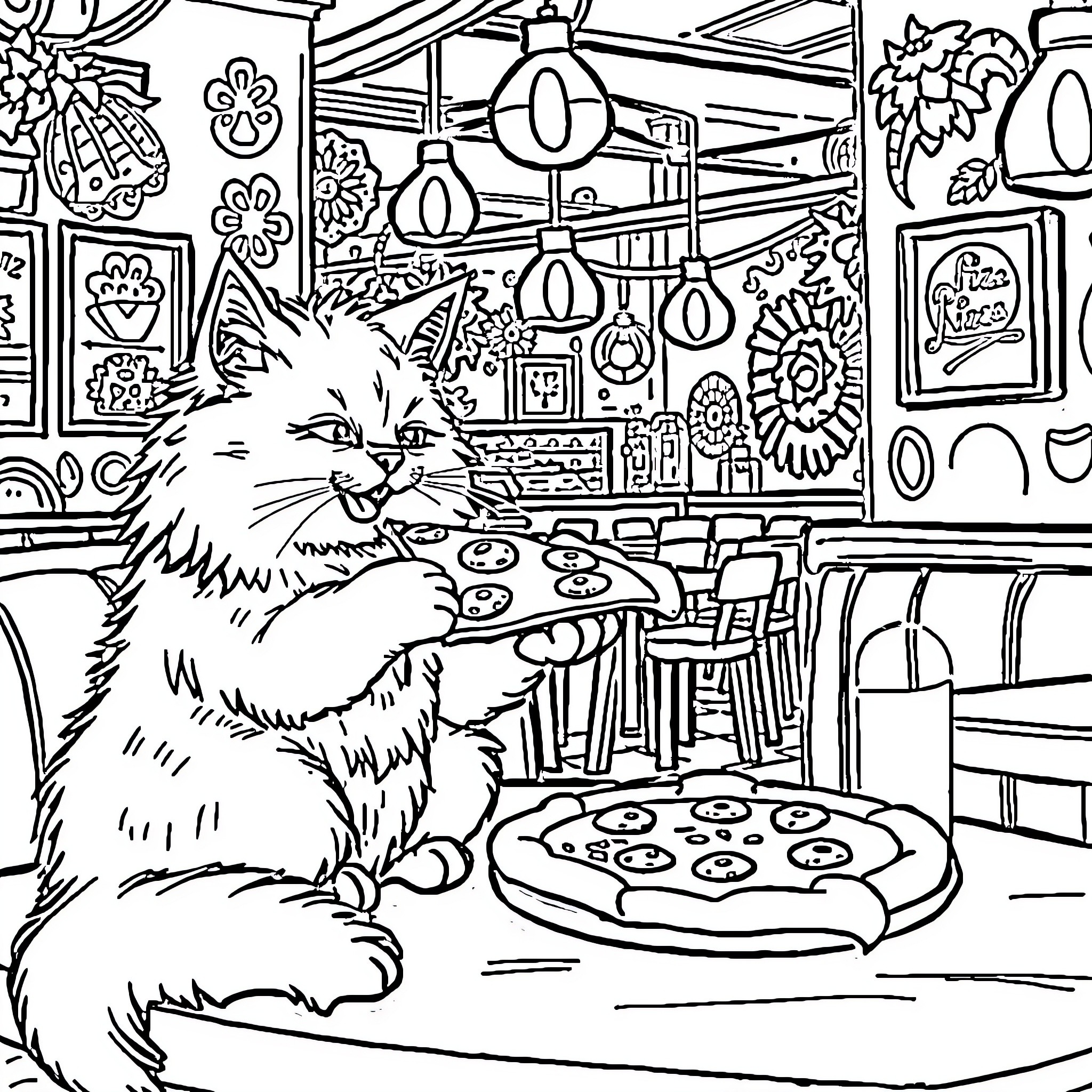 Cat enjoying a pizza in a cozy cafe Coloring Page (free black-and-white line drawing printable PDF for all, from beginners to advanced learners, including children, teens, adults, and seniors)