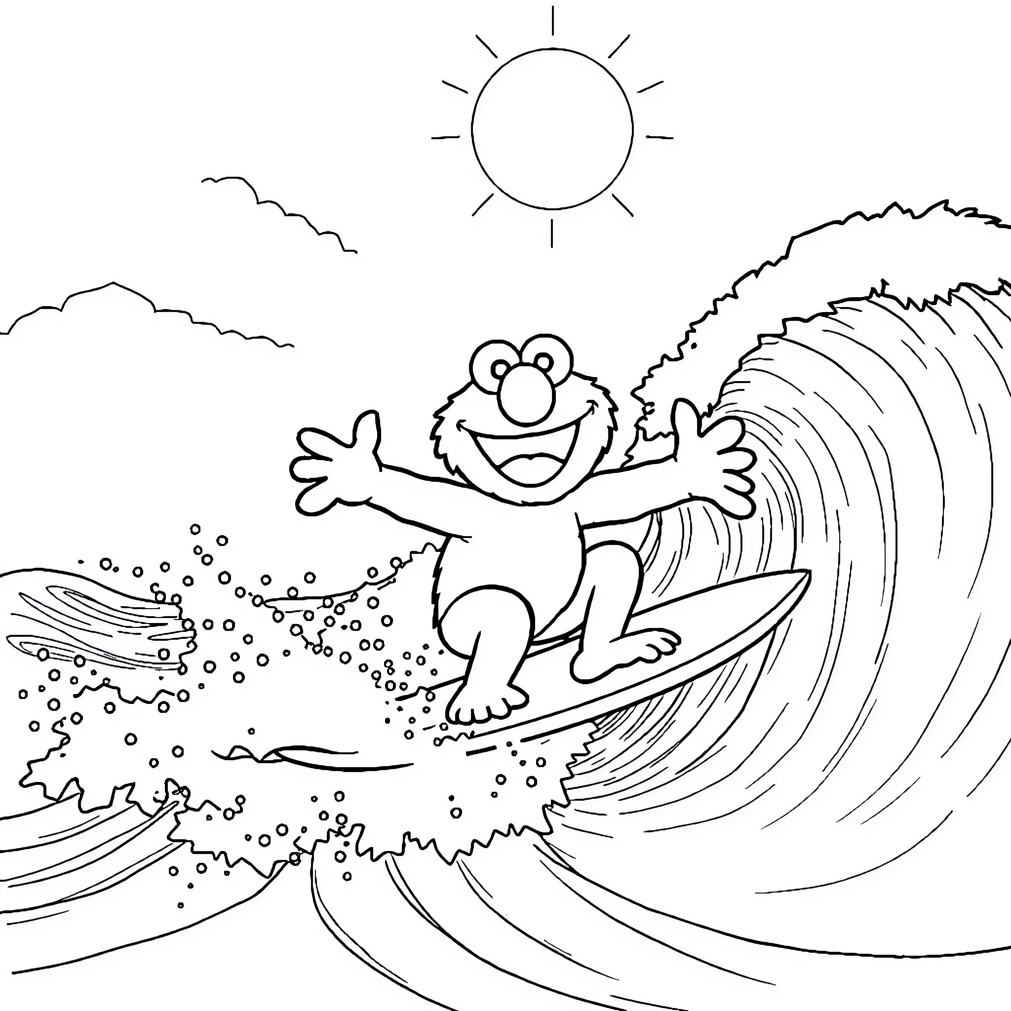 Elmo surfing the big waves with joy Coloring Page (free black-and-white line drawing printable PDF for all, from beginners to advanced learners, including children, teens, adults, and seniors)