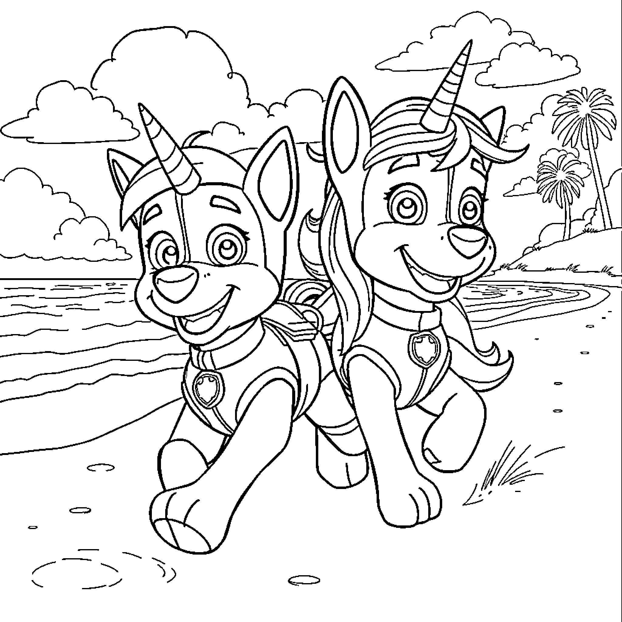 Chase the Playful Unicorn Pups at the Beach Coloring Page (free black-and-white line drawing printable PDF for all, from beginners to advanced learners, including children, teens, adults, and seniors)