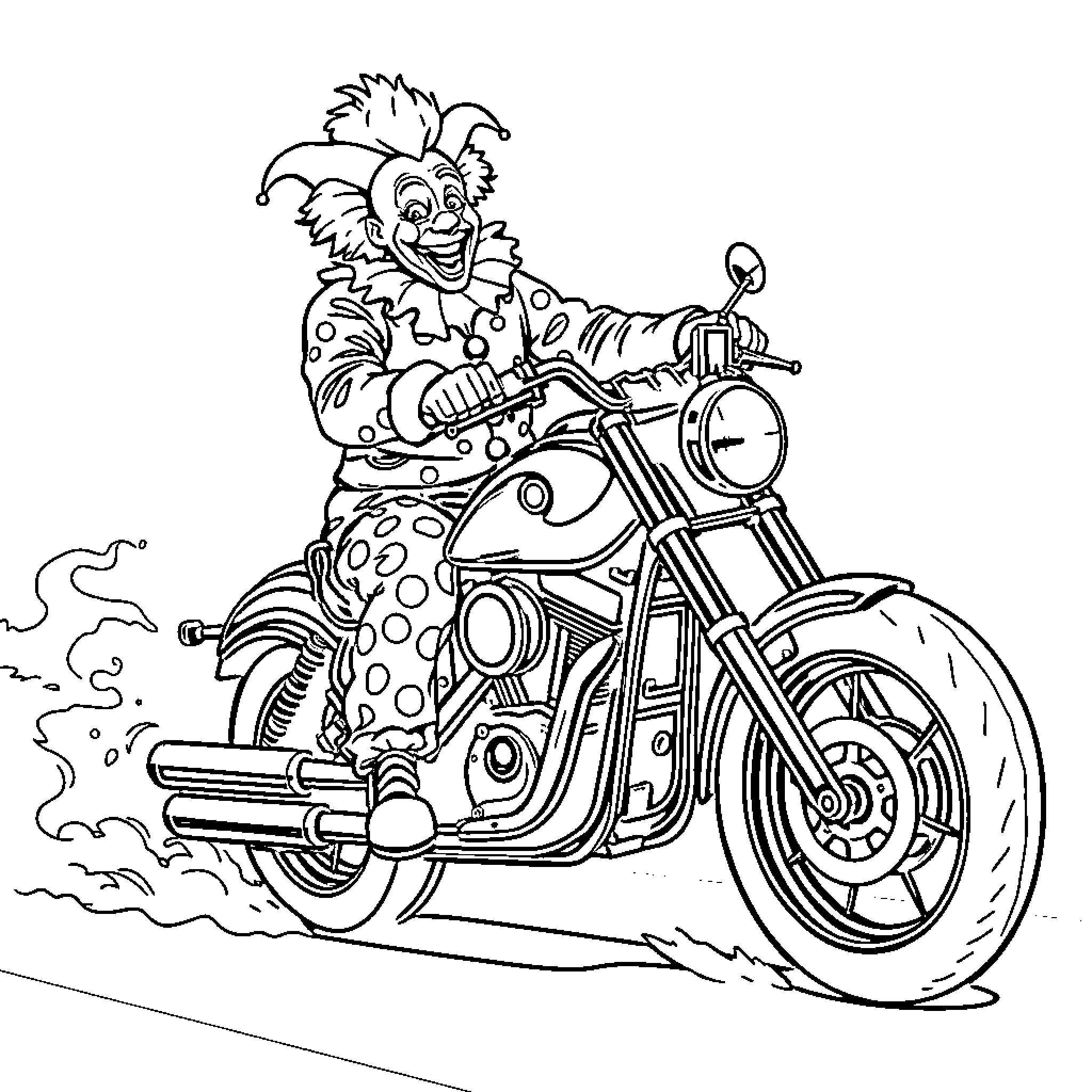 Clown riding a motorcycle with excitement Coloring Page (free black-and-white line drawing printable PDF for all, from beginners to advanced learners, including children, teens, adults, and seniors)