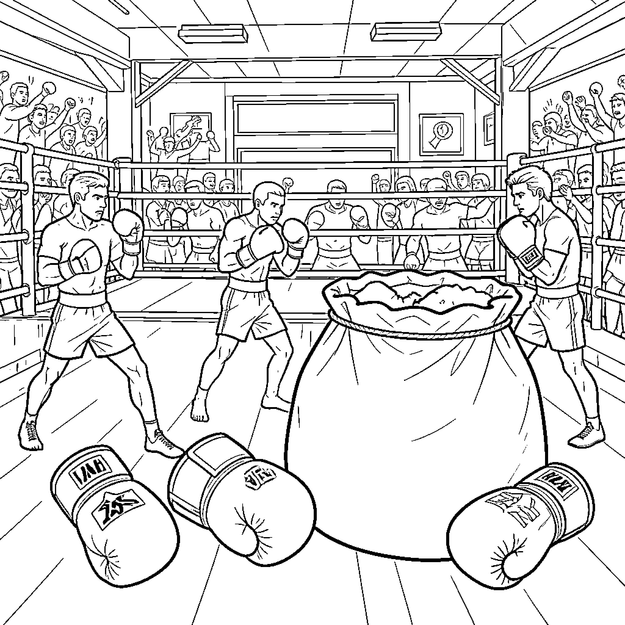 Boxing match in a crowded sports arena Coloring Page (free black-and-white line drawing printable PDF for all, from beginners to advanced learners, including children, teens, adults, and seniors)