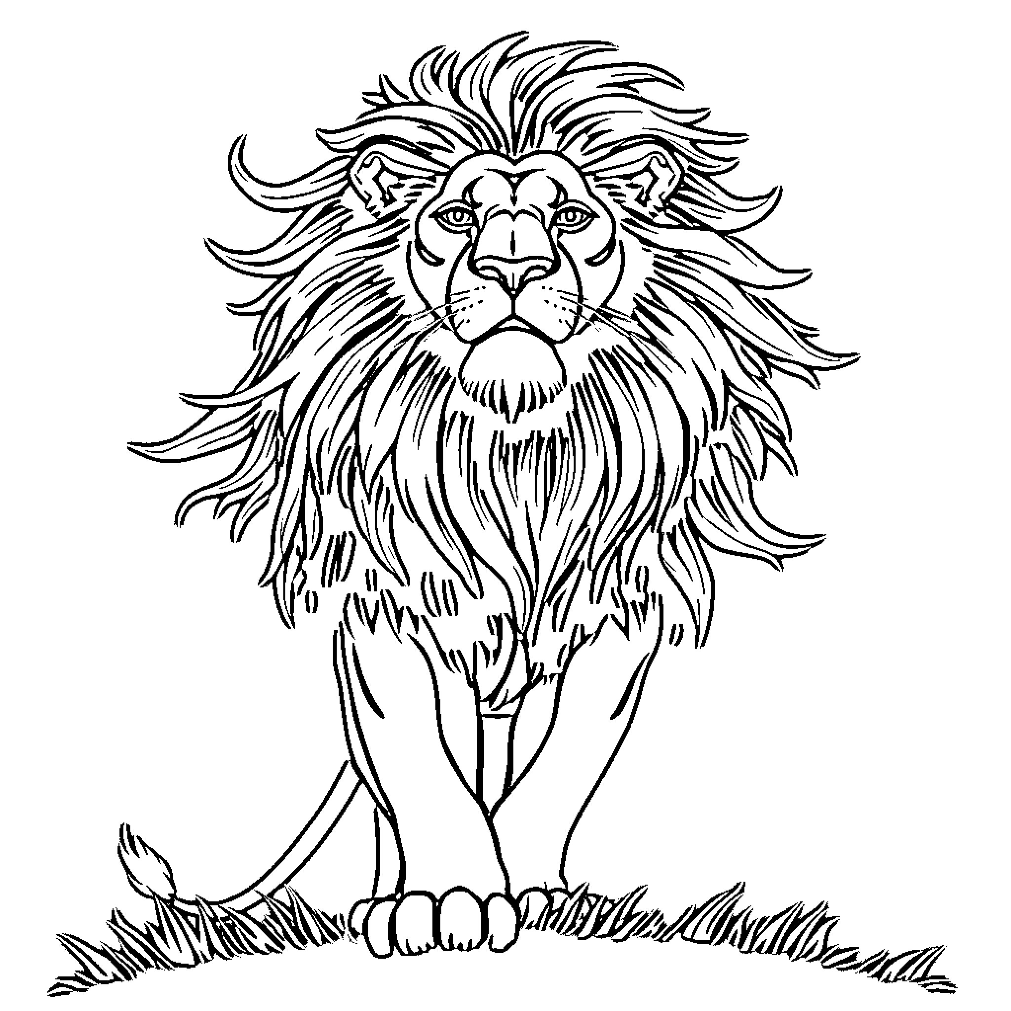 Lion with a majestic mane sitting on the ground Coloring Page (free black-and-white line drawing printable PDF for all, from beginners to advanced learners, including children, teens, adults, and seniors)