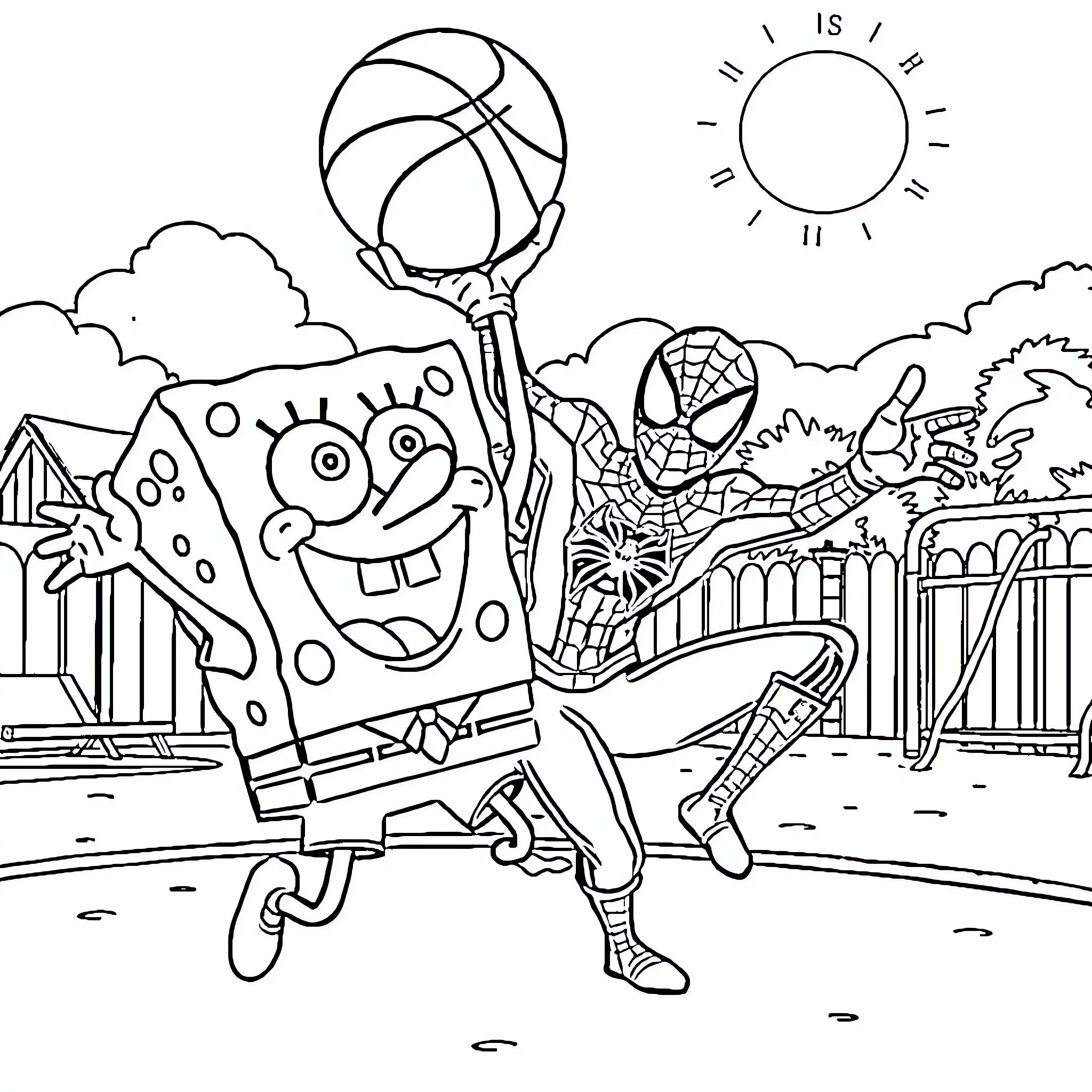 Spongebob playing basketball with Spiderman in the park Coloring Page (free black-and-white line drawing printable PDF for all, from beginners to advanced learners, including children, teens, adults, and seniors)