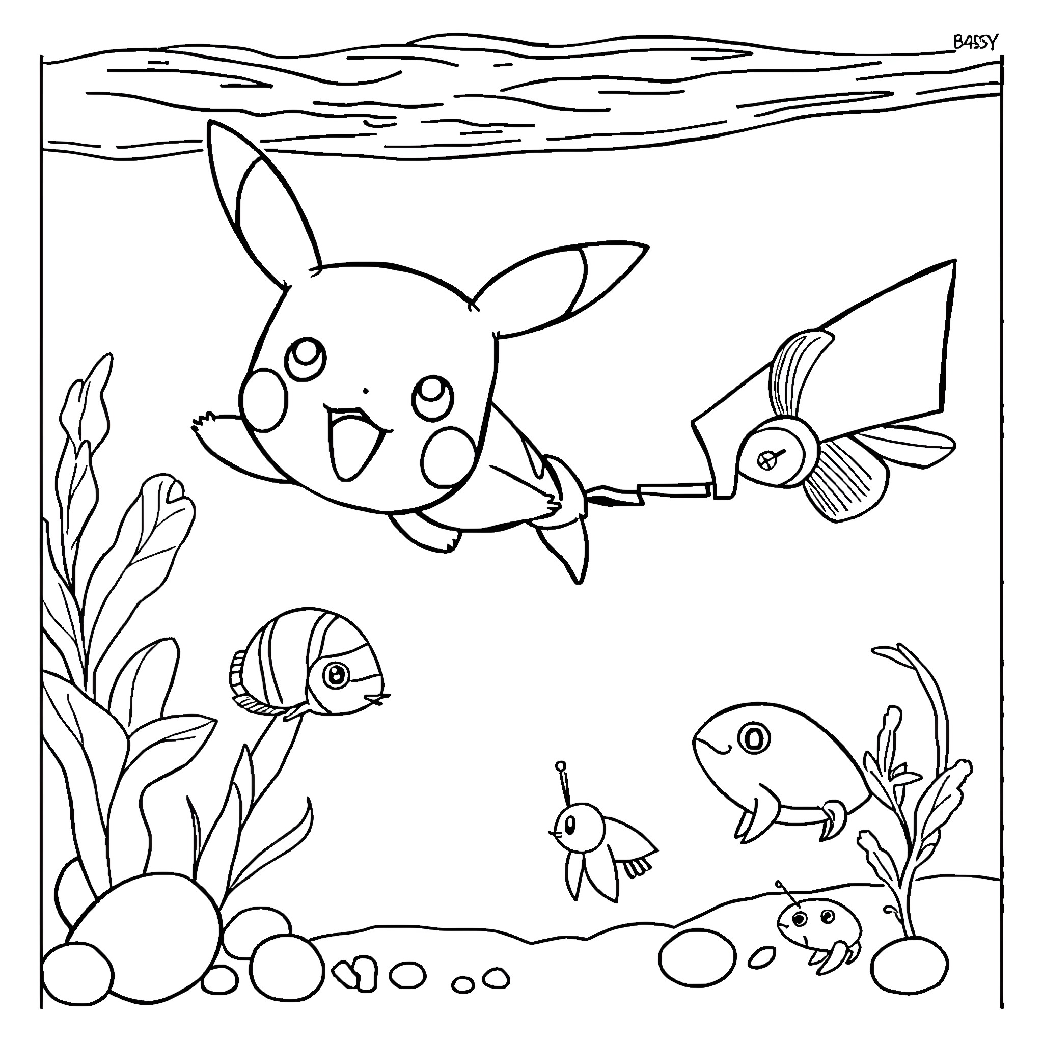 Pikachu Playing with Aquatic Friends Coloring Page (free black-and-white line drawing printable PDF for all, from beginners to advanced learners, including children, teens, adults, and seniors)