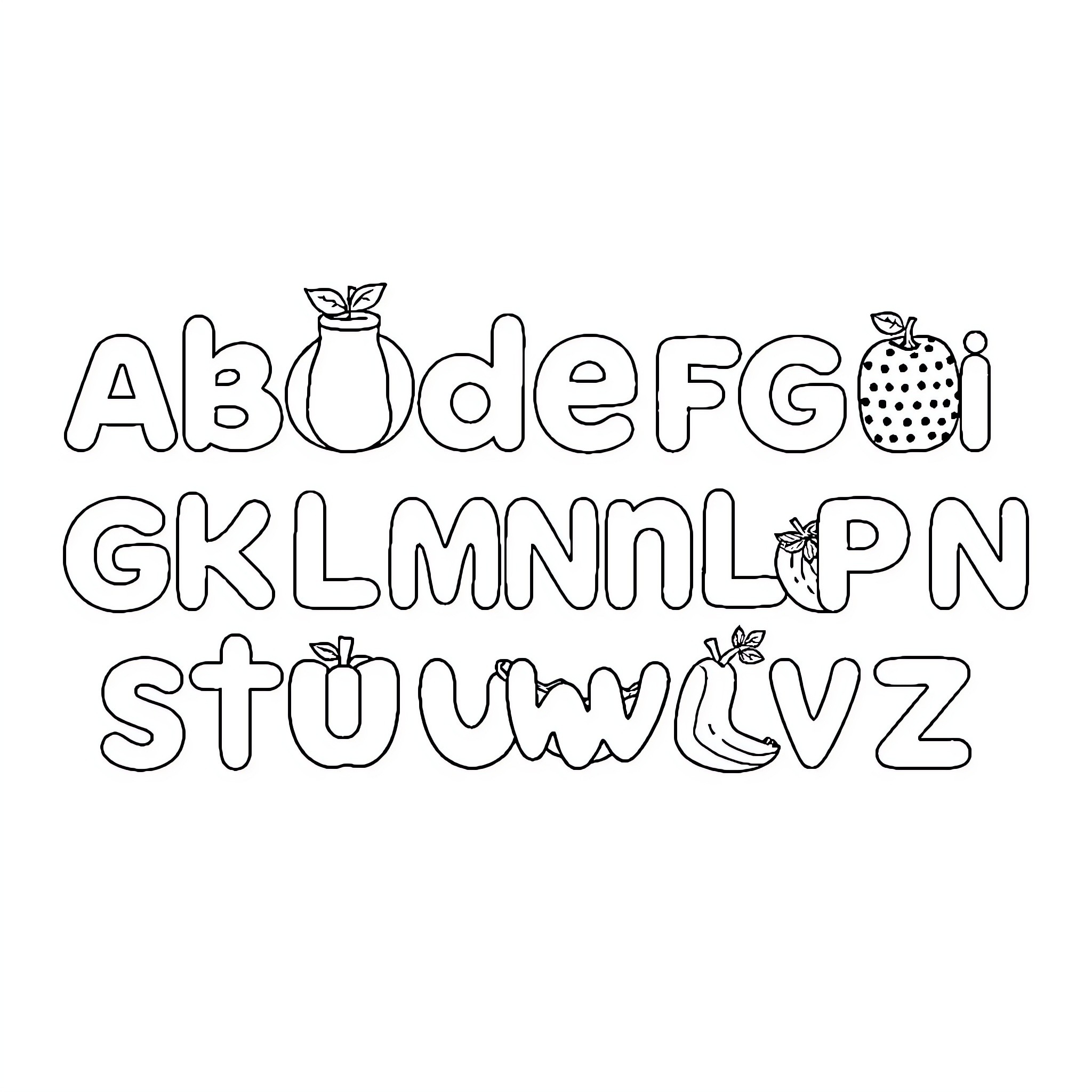 Alphabet letters with playful design elements Coloring Page (free black-and-white line drawing printable PDF for all, from beginners to advanced learners, including children, teens, adults, and seniors)