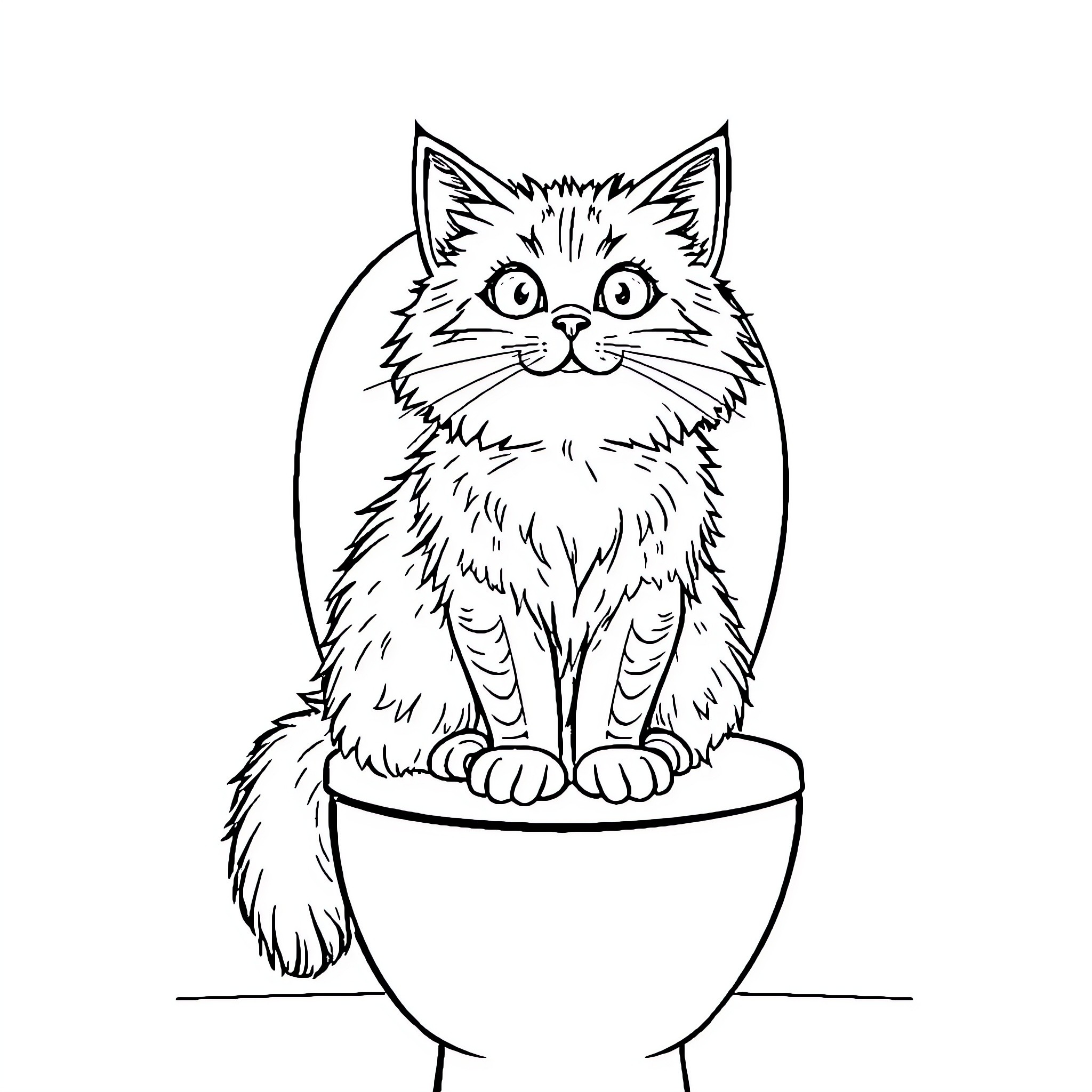 Cat in a Cozy Kitty Bowl Coloring Page (free black-and-white line drawing printable PDF for all, from beginners to advanced learners, including children, teens, adults, and seniors)