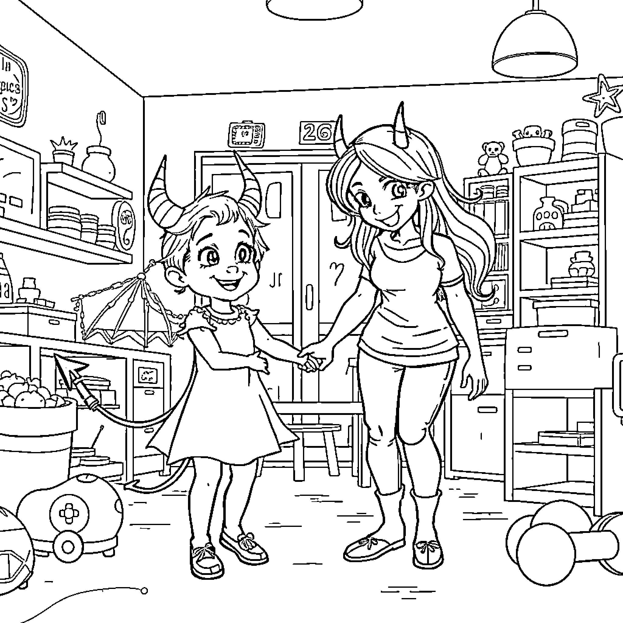 Demon Girl Helping Friend in Cluttered Room Coloring Page (free black-and-white line drawing printable PDF for all, from beginners to advanced learners, including children, teens, adults, and seniors)