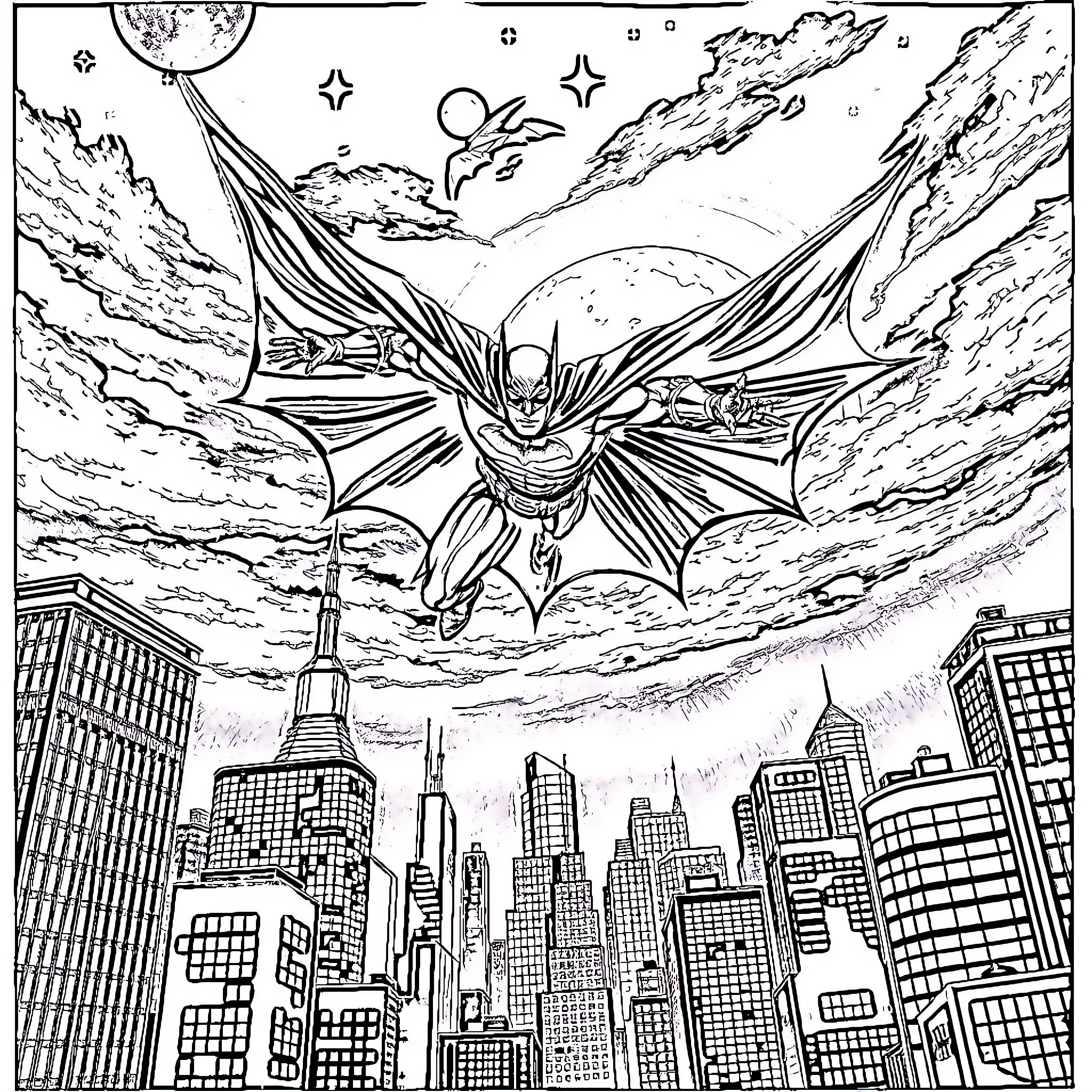 Batman soaring over the city skyline Coloring Page (free black-and-white line drawing printable PDF for all, from beginners to advanced learners, including children, teens, adults, and seniors)