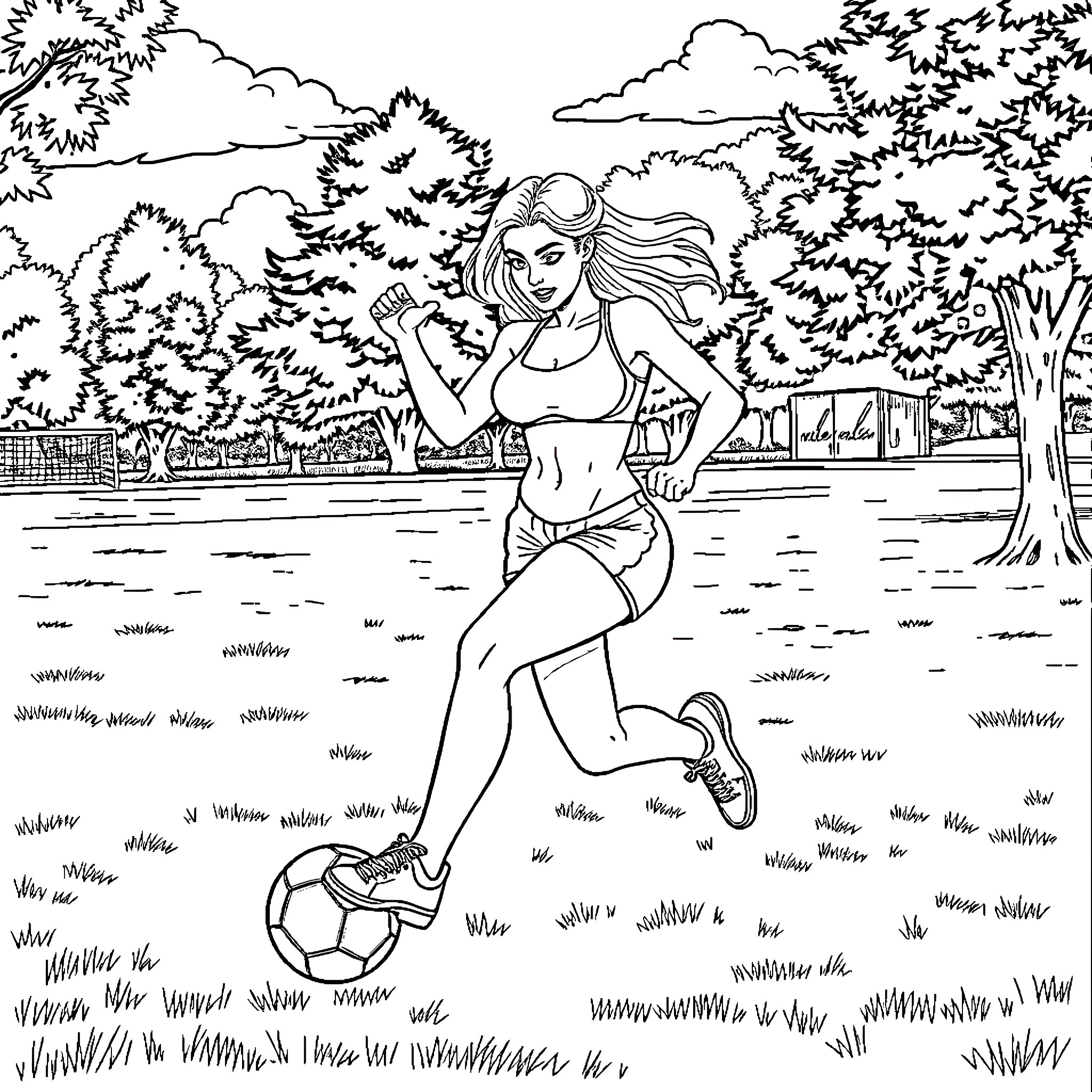 Woman playing with a soccer ball in a park Coloring Page (free black-and-white line drawing printable PDF for all, from beginners to advanced learners, including children, teens, adults, and seniors)