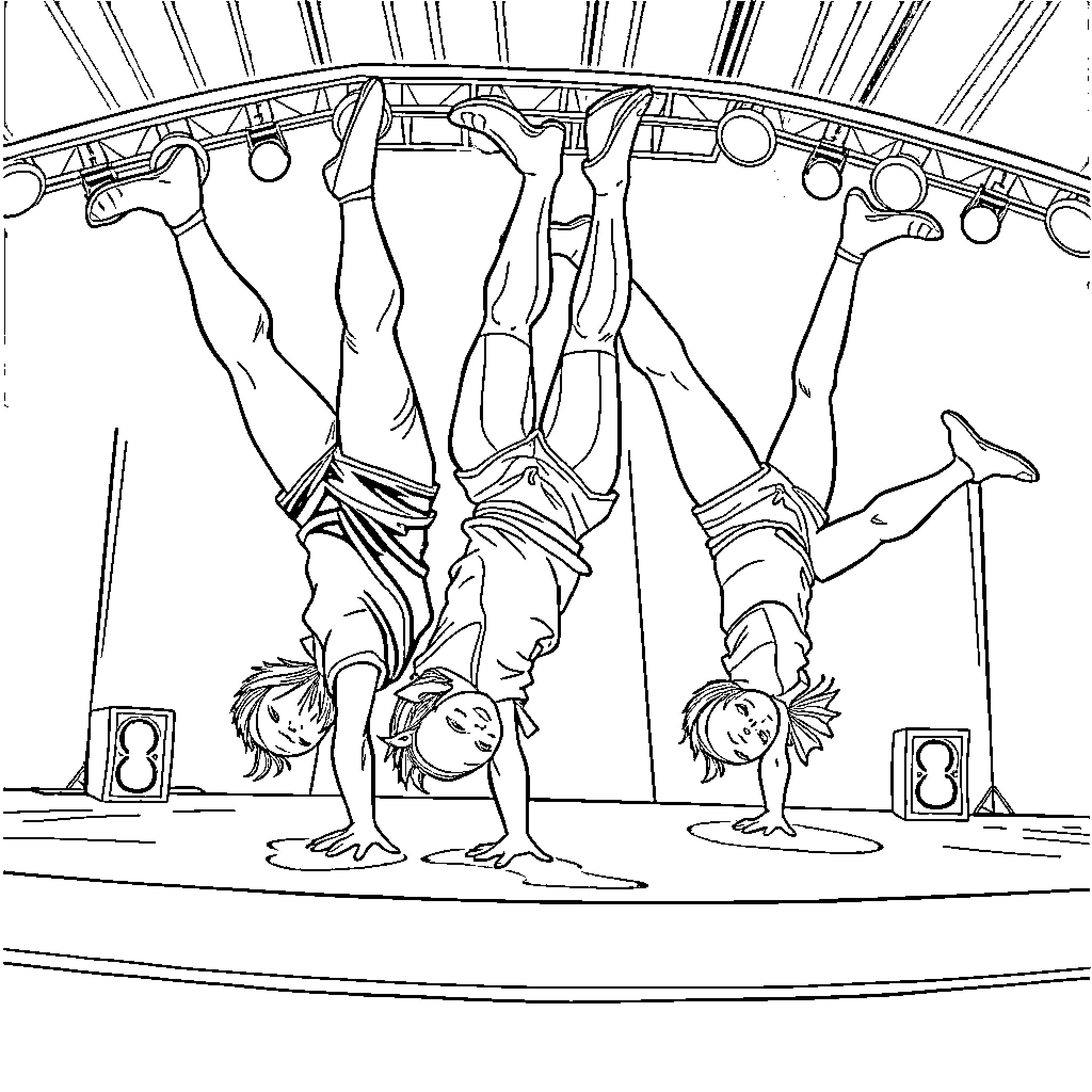 K Pop Performers in Acrobatic Poses on Stage Coloring Page (free black-and-white line drawing printable PDF for all, from beginners to advanced learners, including children, teens, adults, and seniors)