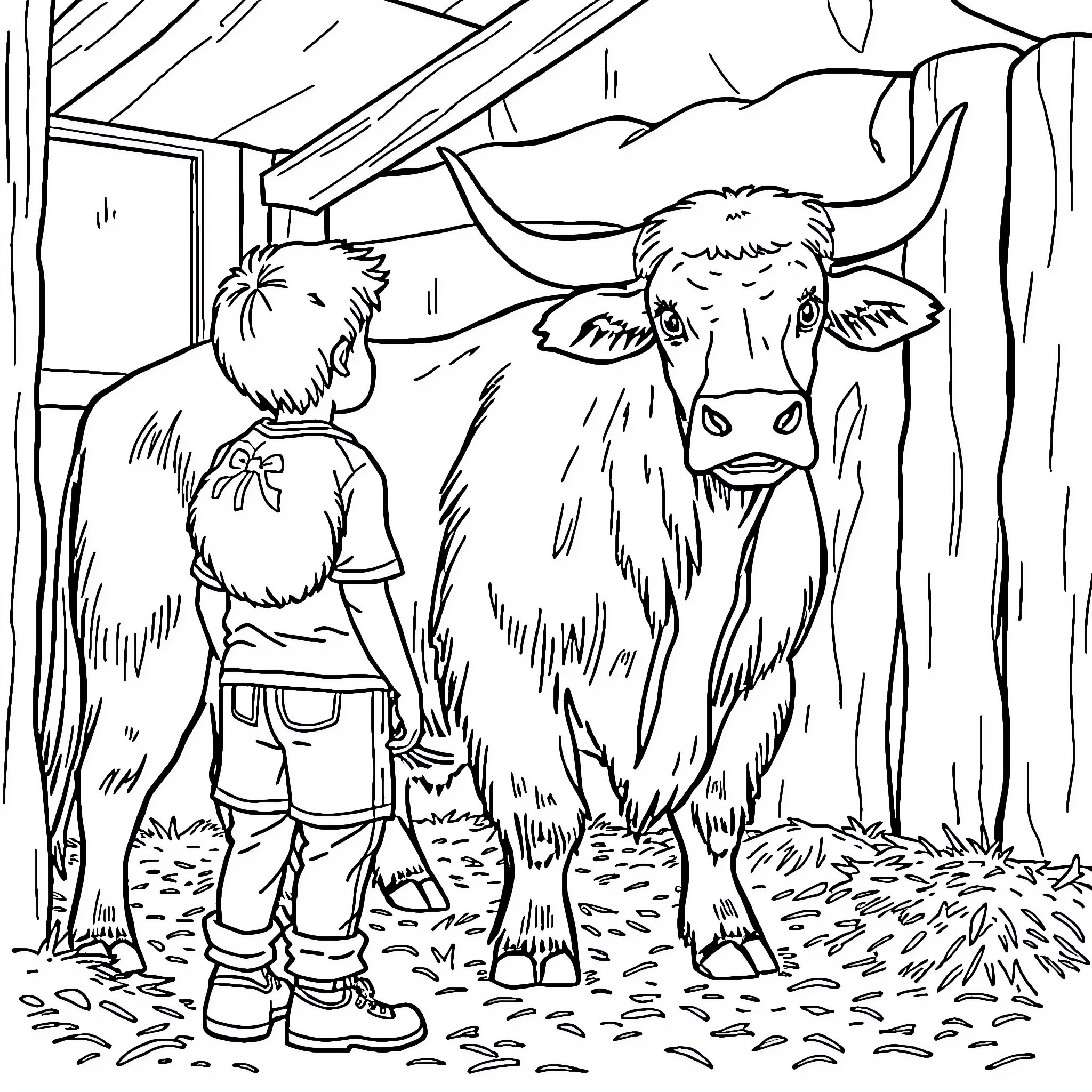 Boy and his pet yak in the countryside Coloring Page (free black-and-white line drawing printable PDF for all, from beginners to advanced learners, including children, teens, adults, and seniors)