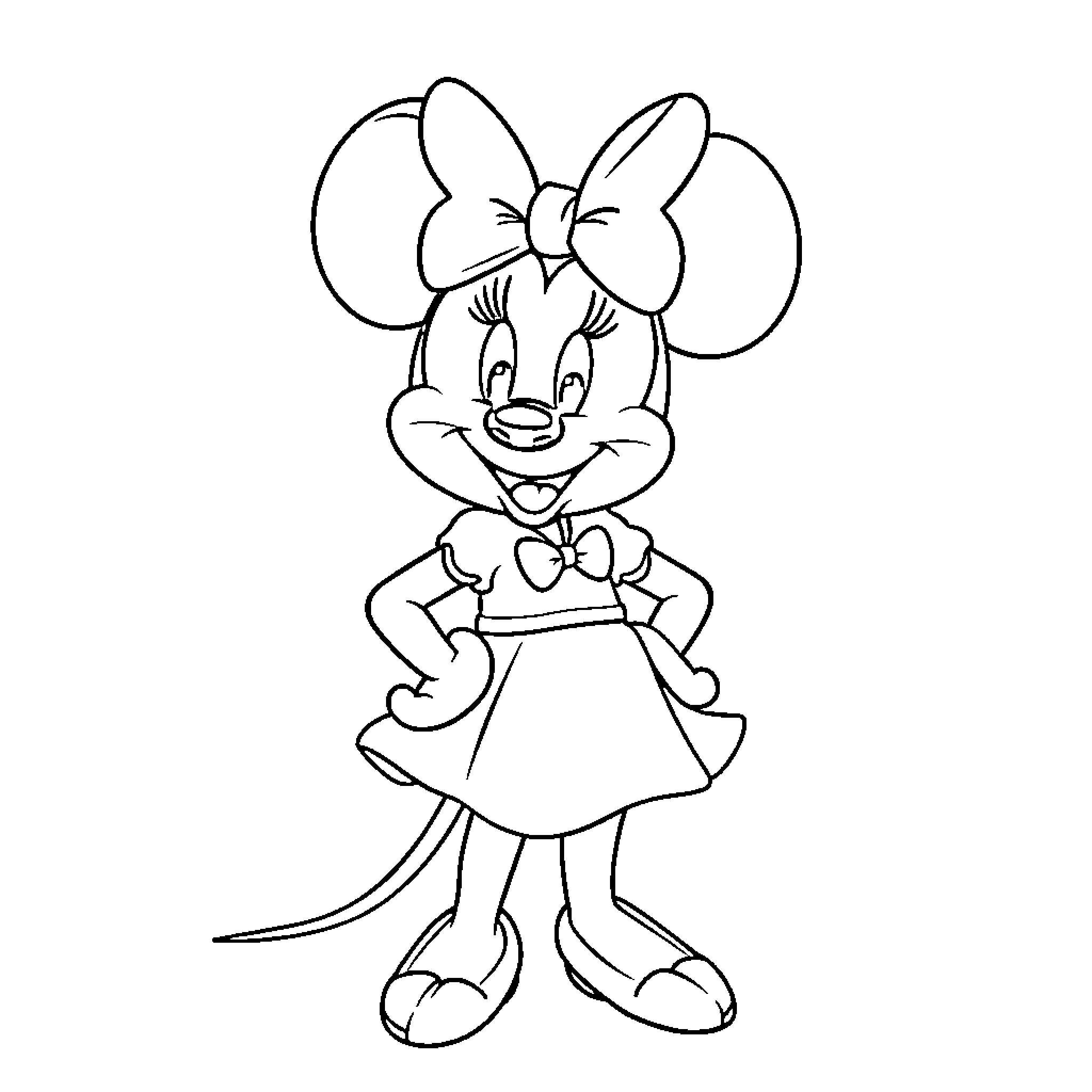 Mouse character in dress posing happily Coloring Page (free black-and-white line drawing printable PDF for all, from beginners to advanced learners, including children, teens, adults, and seniors)