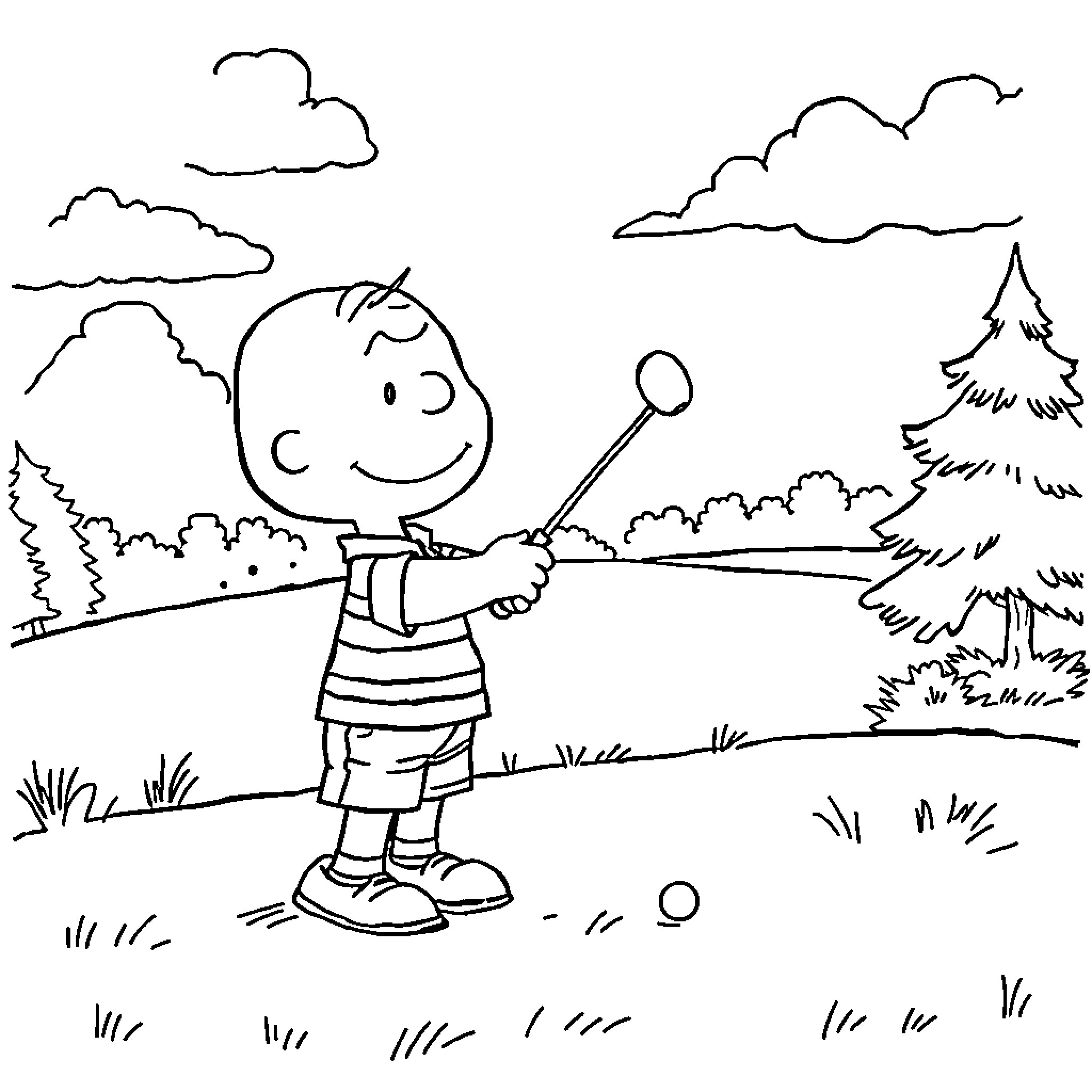 Charlie Brown enjoying outdoor activities in nature Coloring Page (free black-and-white line drawing printable PDF for all, from beginners to advanced learners, including children, teens, adults, and seniors)