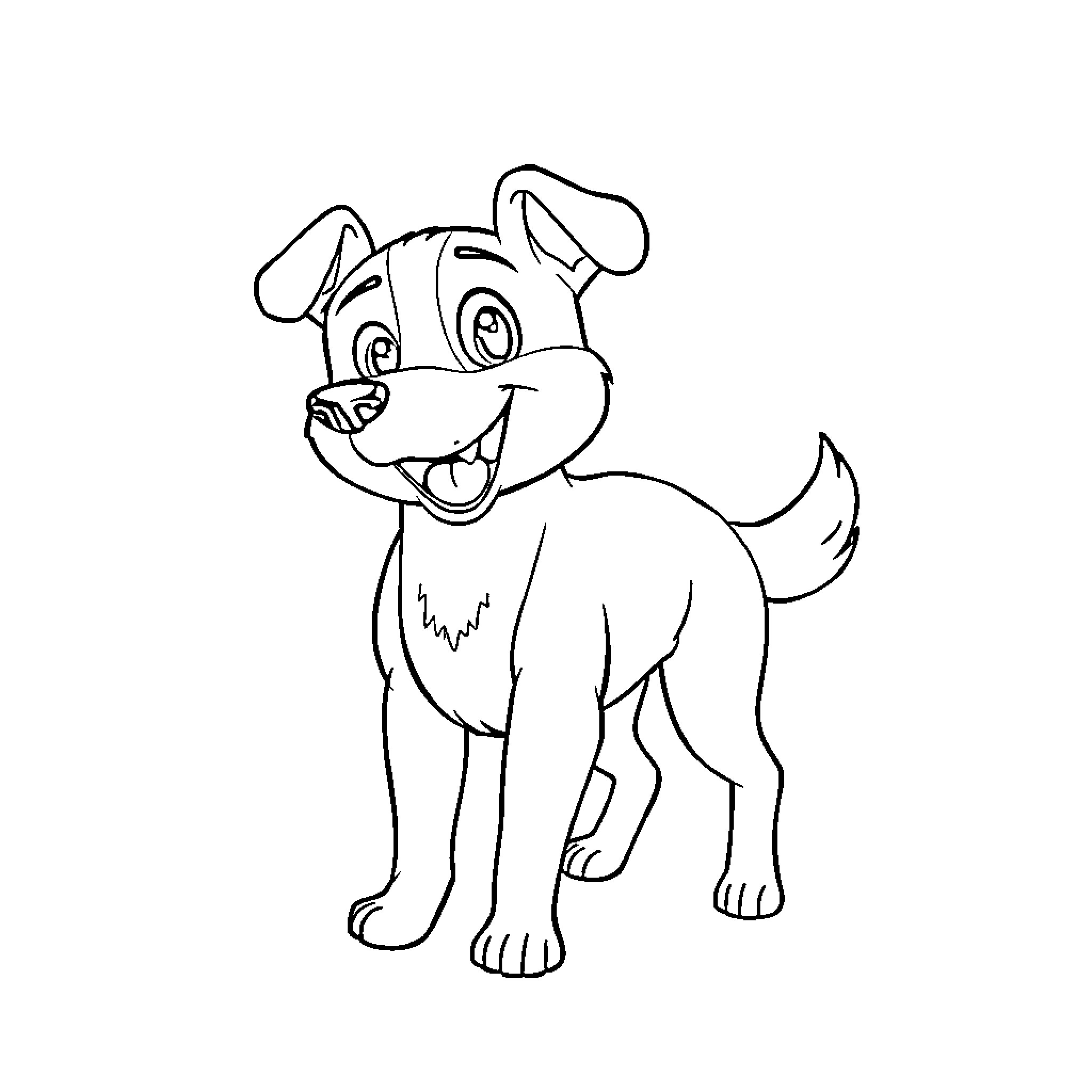 Dog happily standing in a simple scene Coloring Page (free black-and-white line drawing printable PDF for all, from beginners to advanced learners, including children, teens, adults, and seniors)
