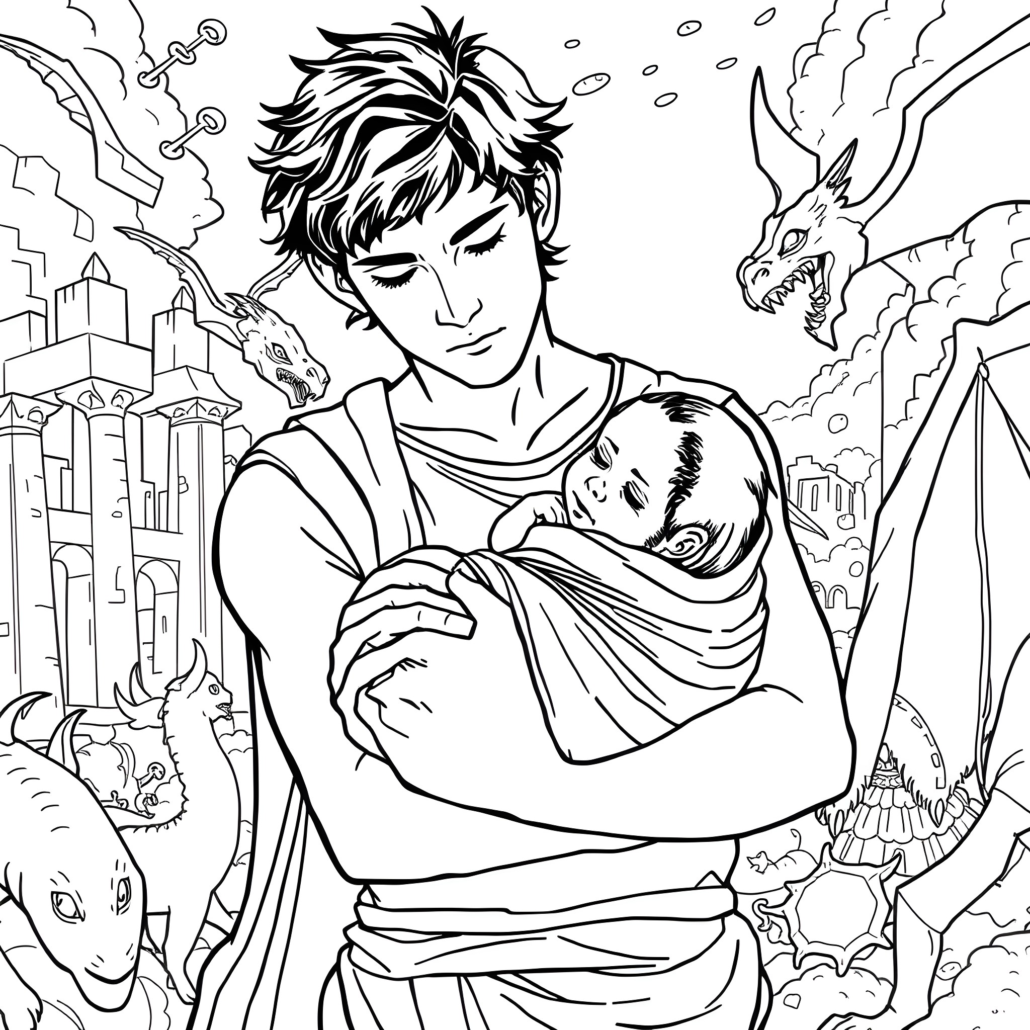 Percy Jackson holding baby and facing mythical creatures Coloring Page (free black-and-white line drawing printable PDF for all, from beginners to advanced learners, including children, teens, adults, and seniors)