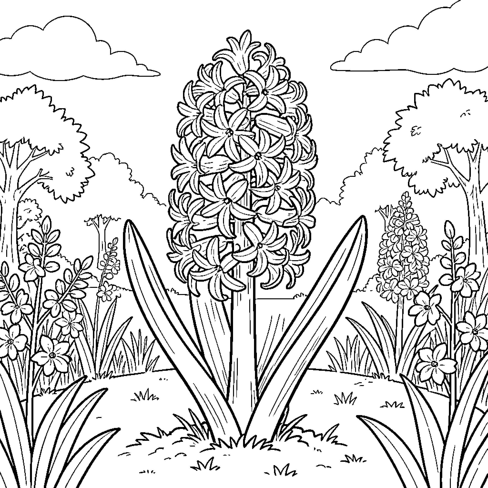 Hyacinth flowers blooming in a lush garden Coloring Page (free black-and-white line drawing printable PDF for all, from beginners to advanced learners, including children, teens, adults, and seniors)
