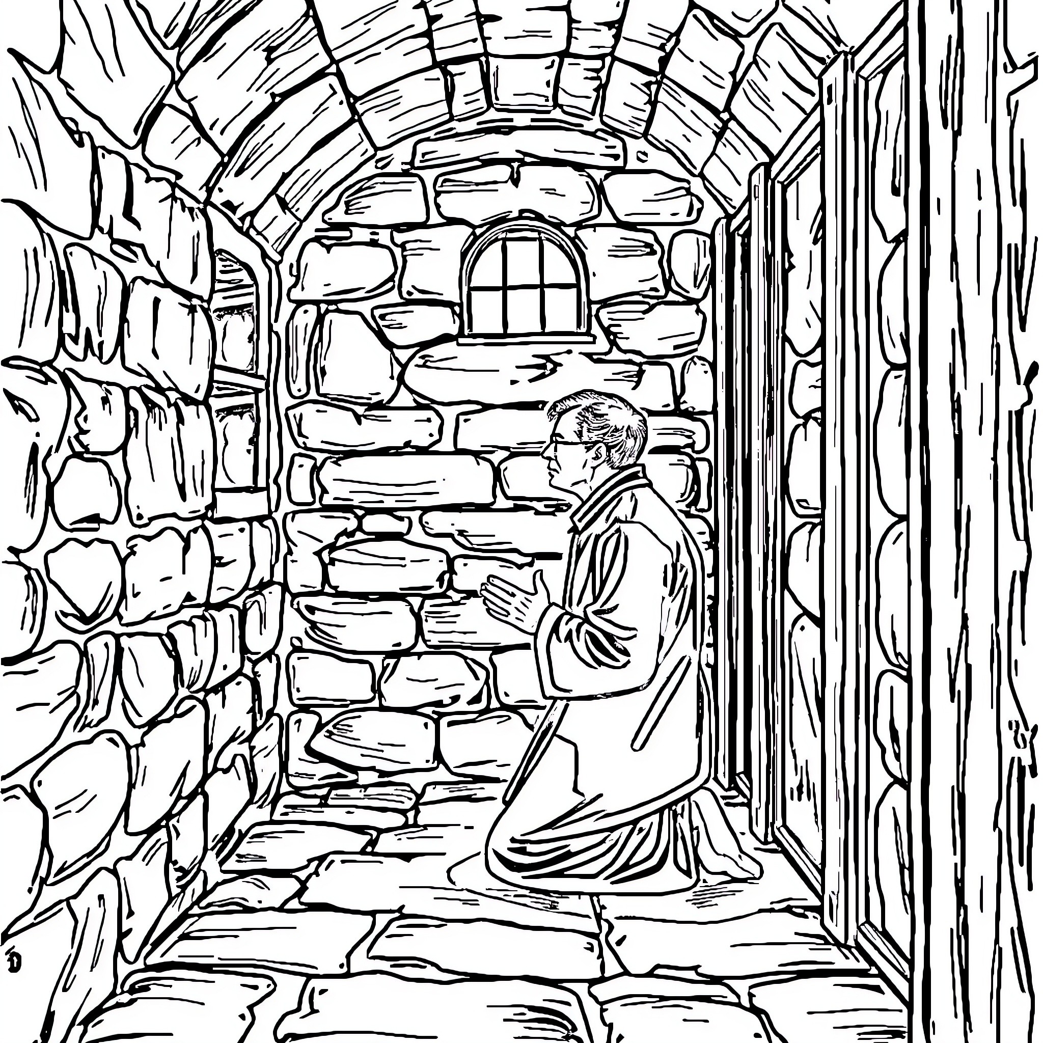 Dietrich Bonhoeffer praying in a stone corridor Coloring Page (free black-and-white line drawing printable PDF for all, from beginners to advanced learners, including children, teens, adults, and seniors)