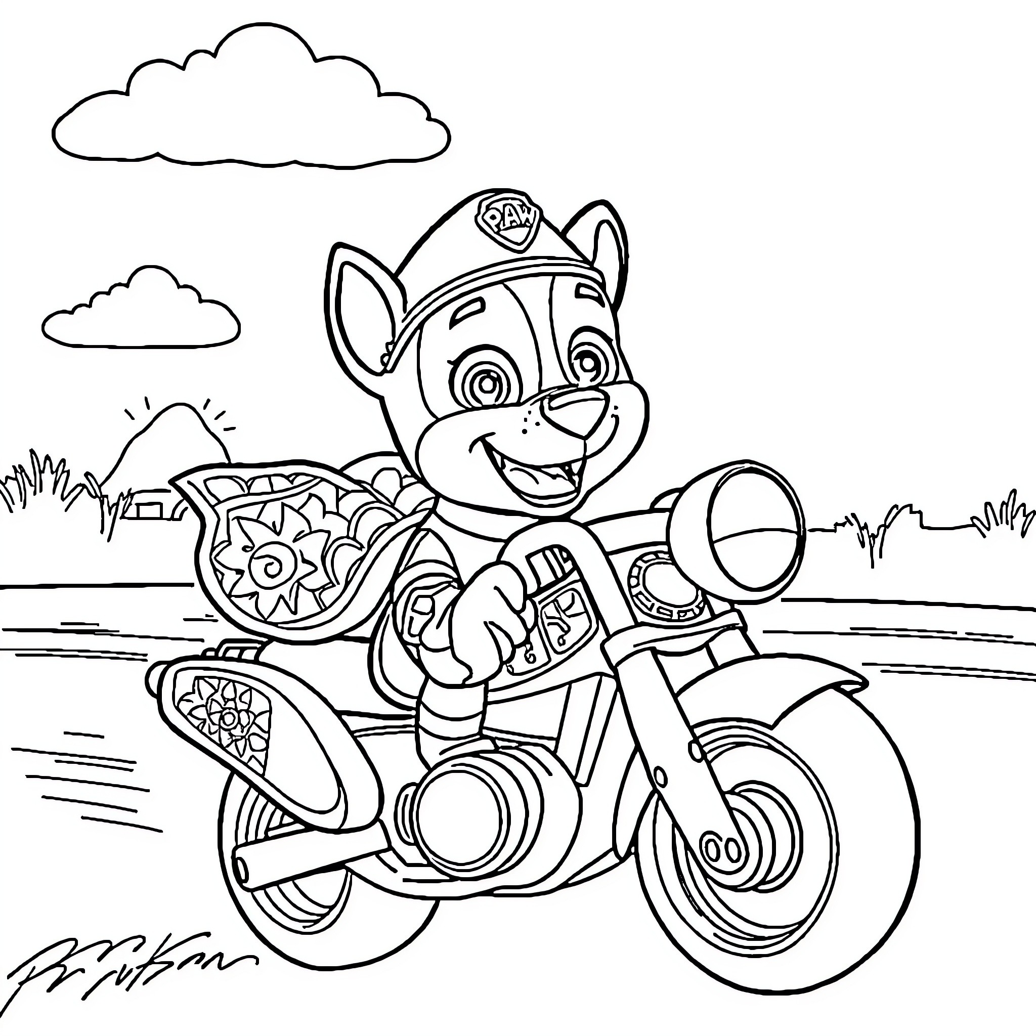 Marshall's Adventurous Motorcycle Ride Coloring Page (free black-and-white line drawing printable PDF for all, from beginners to advanced learners, including children, teens, adults, and seniors)