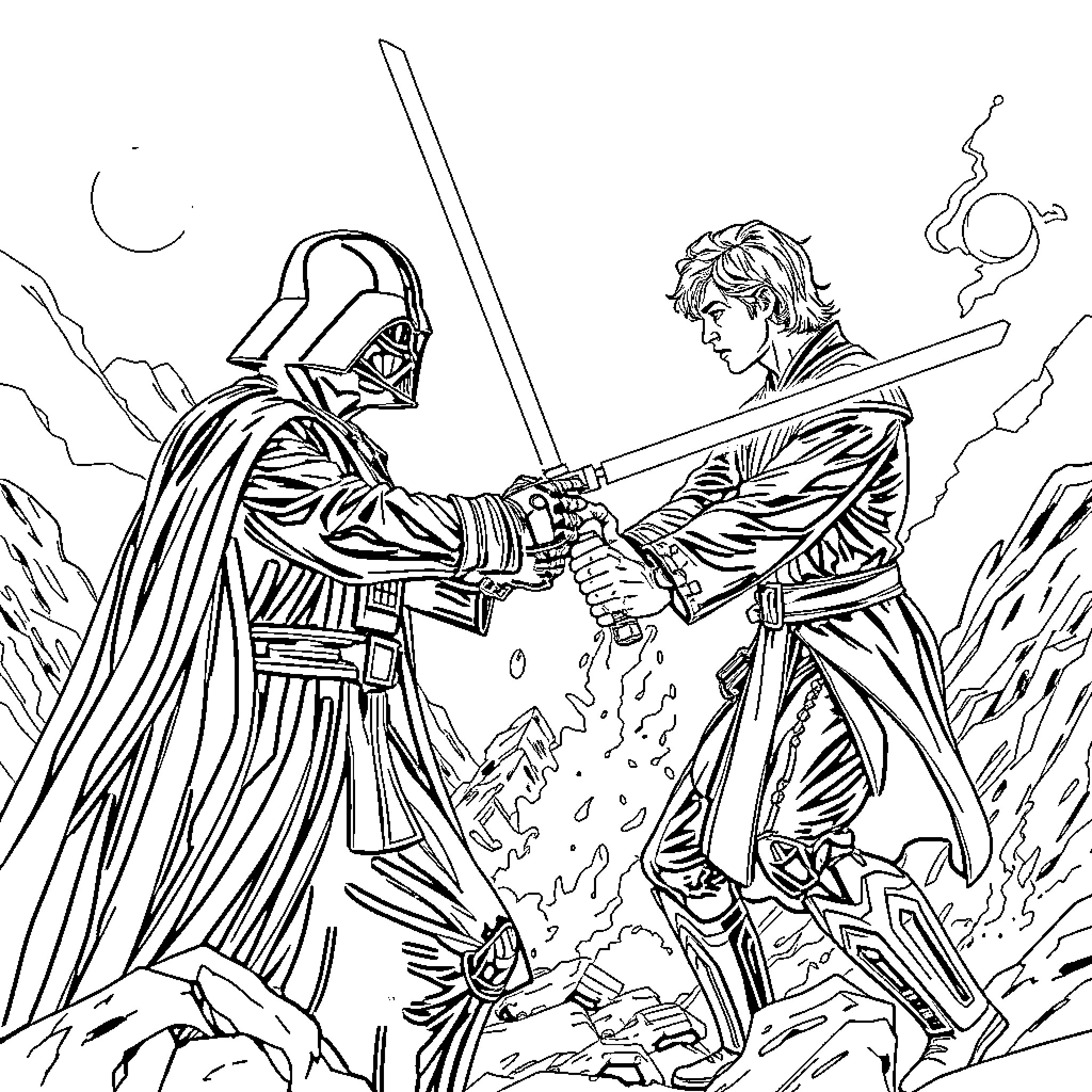 Anakin Skywalker and Darth Vader engaged in a dramatic lightsaber duel Coloring Page (free black-and-white line drawing printable PDF for all, from beginners to advanced learners, including children, teens, adults, and seniors)