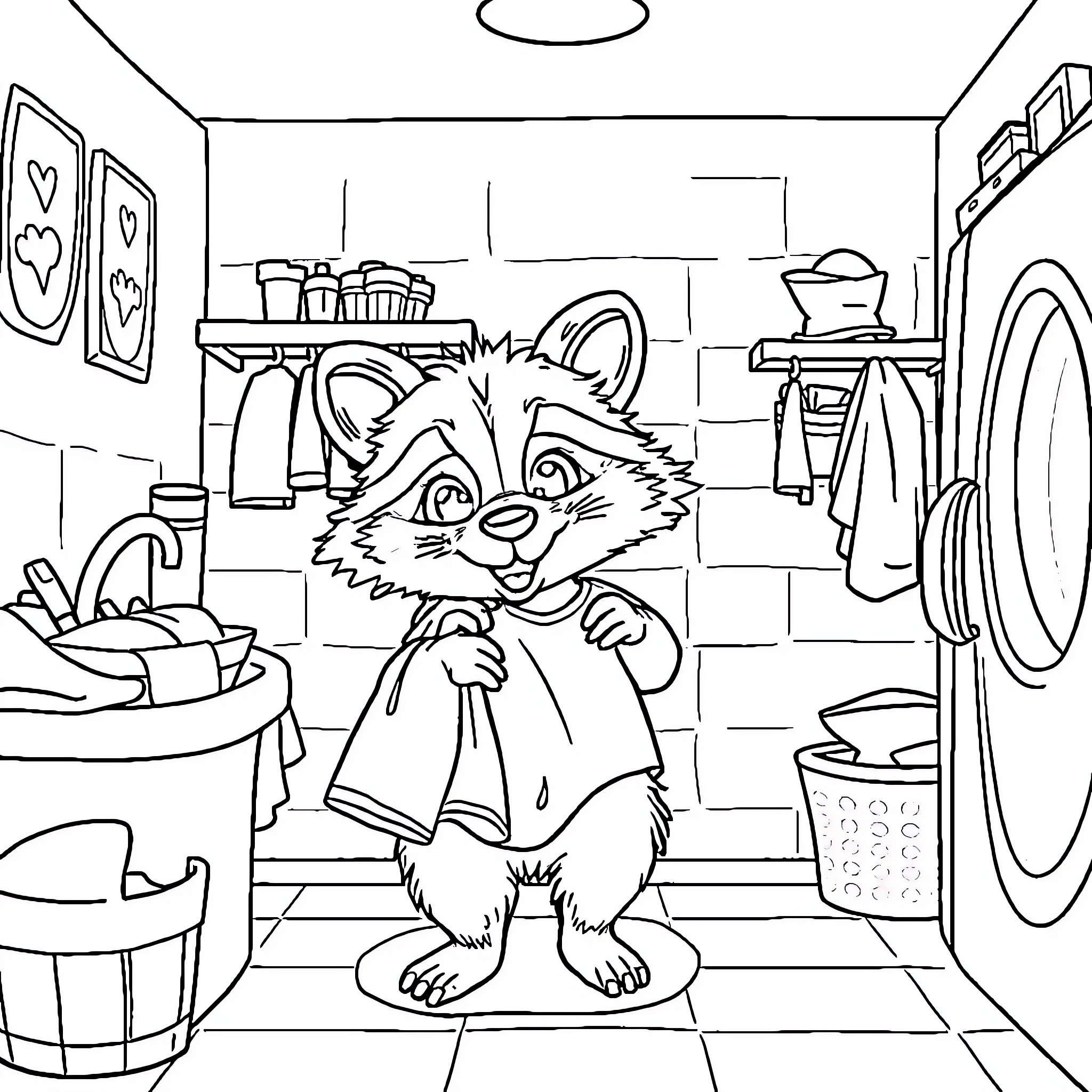 Animal in messy kitchen preparing a meal Coloring Page (free black-and-white line drawing printable PDF for all, from beginners to advanced learners, including children, teens, adults, and seniors)